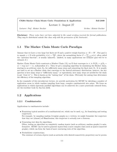 Markov Chain Monte Carlo Foundations Applications Lecture Notes Ucb Cs294 Itebooks