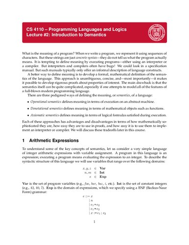Programming Languages And Logics Lecture Notes Cornell Cs4110 Itebooks