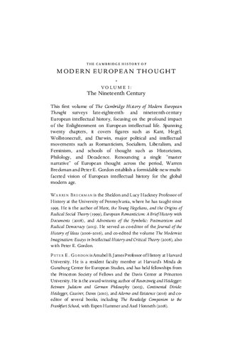 The Cambridge History Of Modern European Thought Volume 1 The Nineteenth Century Warren Breckman Editor