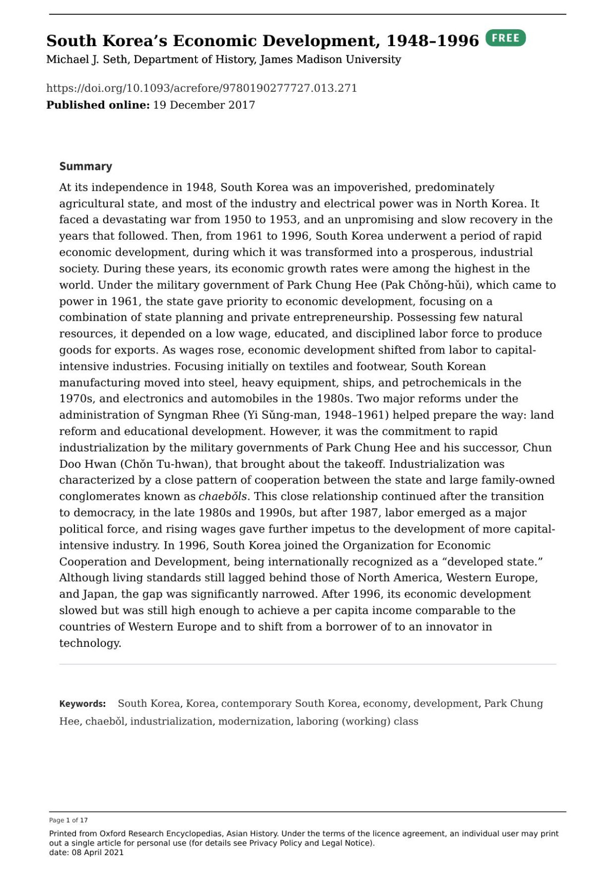 South Koreas Economic Development 19481996 Oxford Research Encyclopedia Of Asian History Michael J Seth