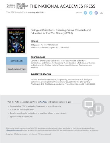 Biological Collections Ensuring Critical Research And Education For The 21st Century Nactional Academies Of Sciences Engineering And Medicine Division On Earth And Life Studies Board On Life Sciences Committee On Ensuring Critical Research And Education For The 21st Century