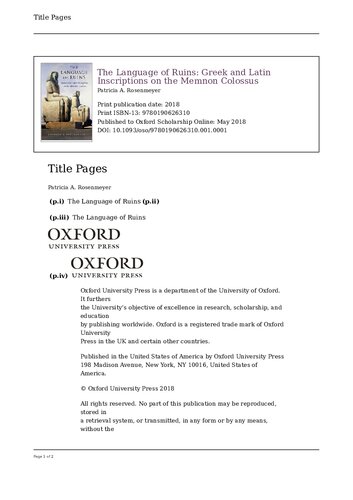 The Language Of Ruins Greek And Latin Inscriptions On The Memnon Colossus Online Patricia A Rosenmeyer