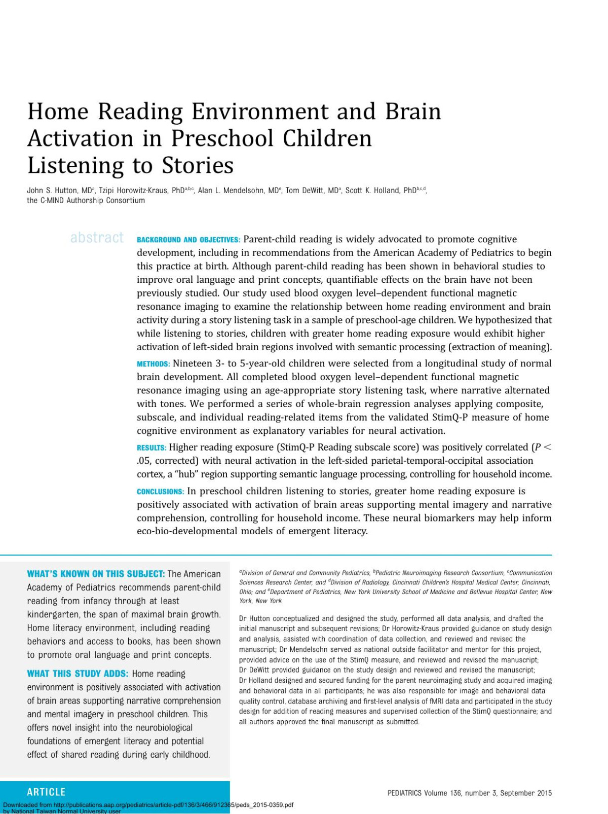Home Reading Environment And Brain Activation In Preschool Children Listening To Stories John S Hutton