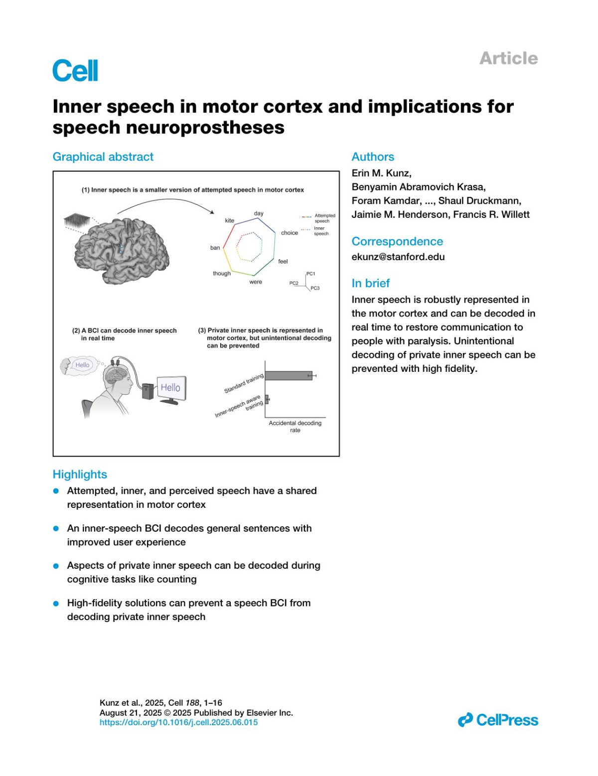 Inner Speech In Motor Cortex And Implications For Speech Neuroprostheses Erin M Kunz Benyamin Abramovich Krasa Foram Kamdar Donald T Avansino Nick Hahn Seonghyun Yoon Akansha Singh Samuel R Nasontomaszewski Nicholas S Card Justin J Jude Brandon G Jacques Payton H Bechefsky Carrina Iacobacci