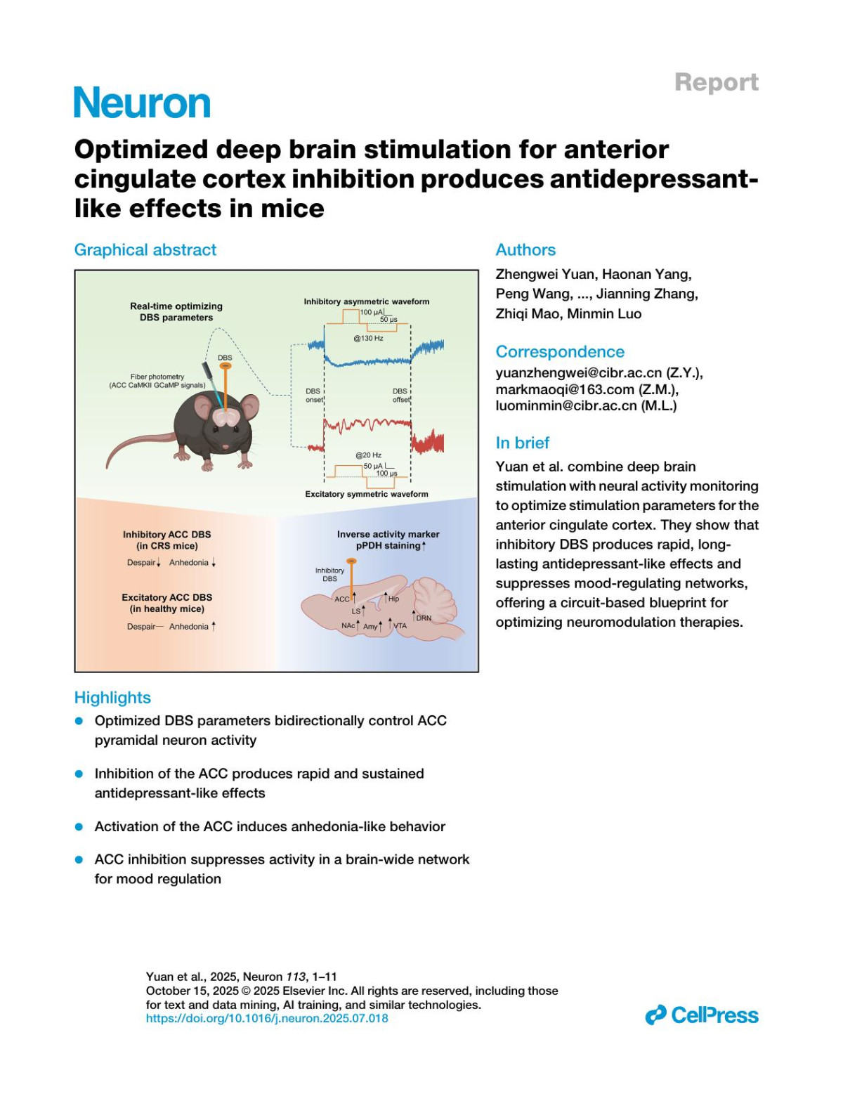 Optimized Deep Brain Stimulation For Anterior Cingulate Cortex Inhibition Produces Antidepressantlike Effects In Mice Zhengwei Yuan Haonan Yang Peng Wang Xiaoning Hou Ke Xu Yu Zhou Ruicheng Dai Yuan Gao Xinwei Gao Qingchun Guo Yulong Li Jianning Zhang Zhiqi Mao Minmin Luo