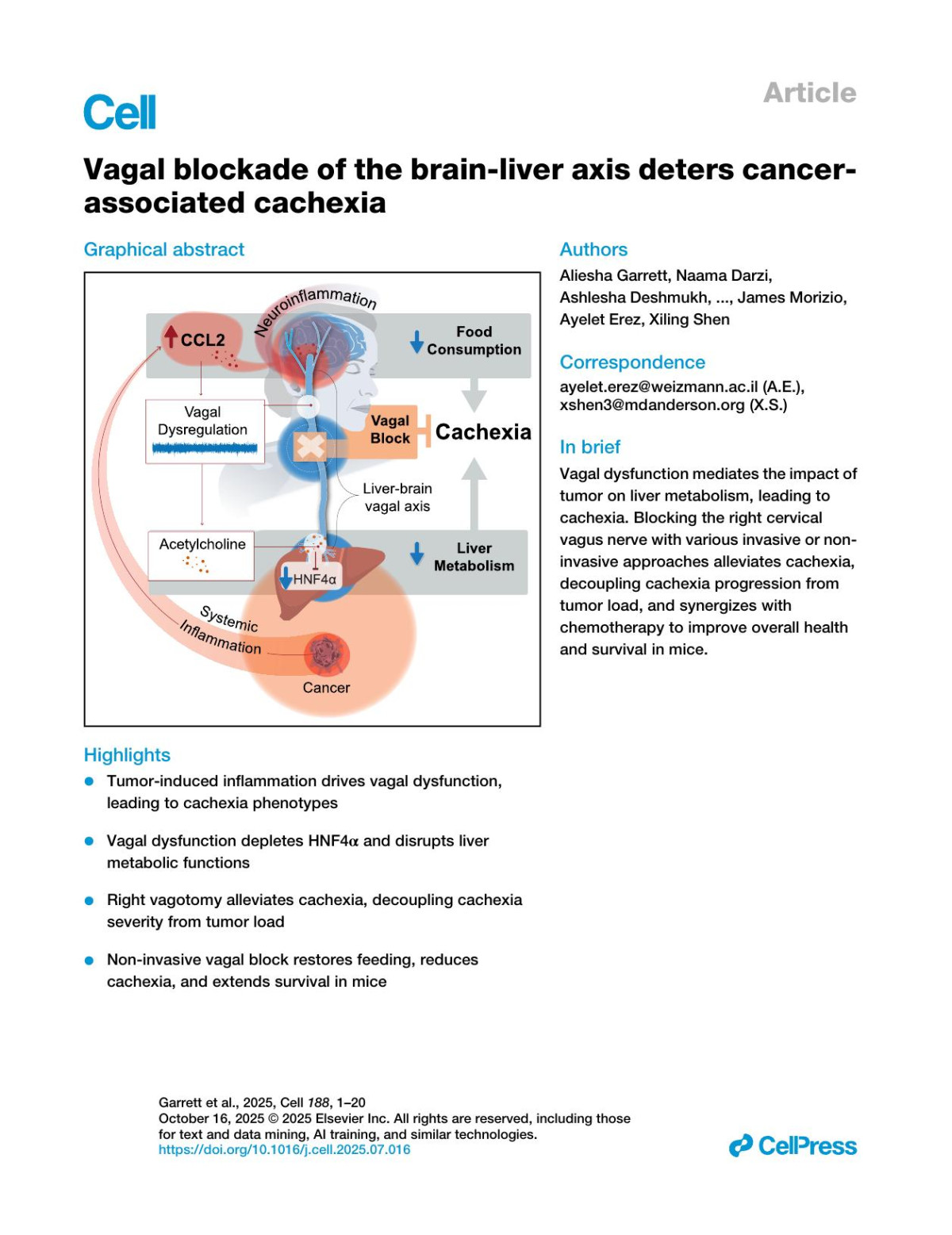 Vagal Blockade Of The Brainliver Axis Deters Cancerassociated Cachexia Aliesha Garrett