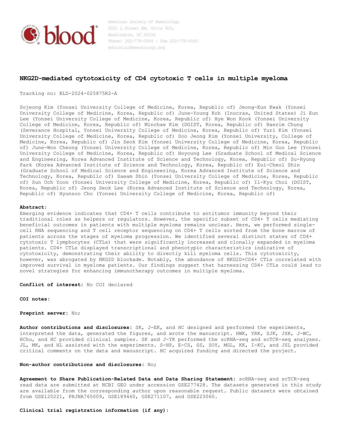 Nkg2dmediated Cytotoxicity Of Cd4 Cytotoxic T Cells In Multiple Myeloma Sojeong Kim Jeongeun Kwak Juneyoung Koh Ji Eun Lee Hye Won Kook Minchae Kim Haerim Chung Yu Ri Kim Soo Jeong Kim Jin Seok Kim Junewon Cheong Min Goo Lee Hoyoung Lee Suhyung Park Euicheol Shin Saeam Shin Sun Och Yoon