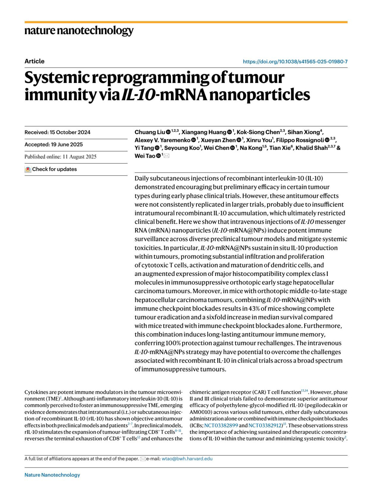 Systemic Reprogramming Of Tumour Immunity Via Il10mrna Nanoparticles Chuang Liu Xiangang Huang Koksiong Chen Sihan Xiong Alexey V Yaremenko Xueyan Zhen Xinru You Filippo Rossignoli Yi Tang Seyoung Koo Wei Chen Na Kong Tian Xie Khalid Shah Wei Tao