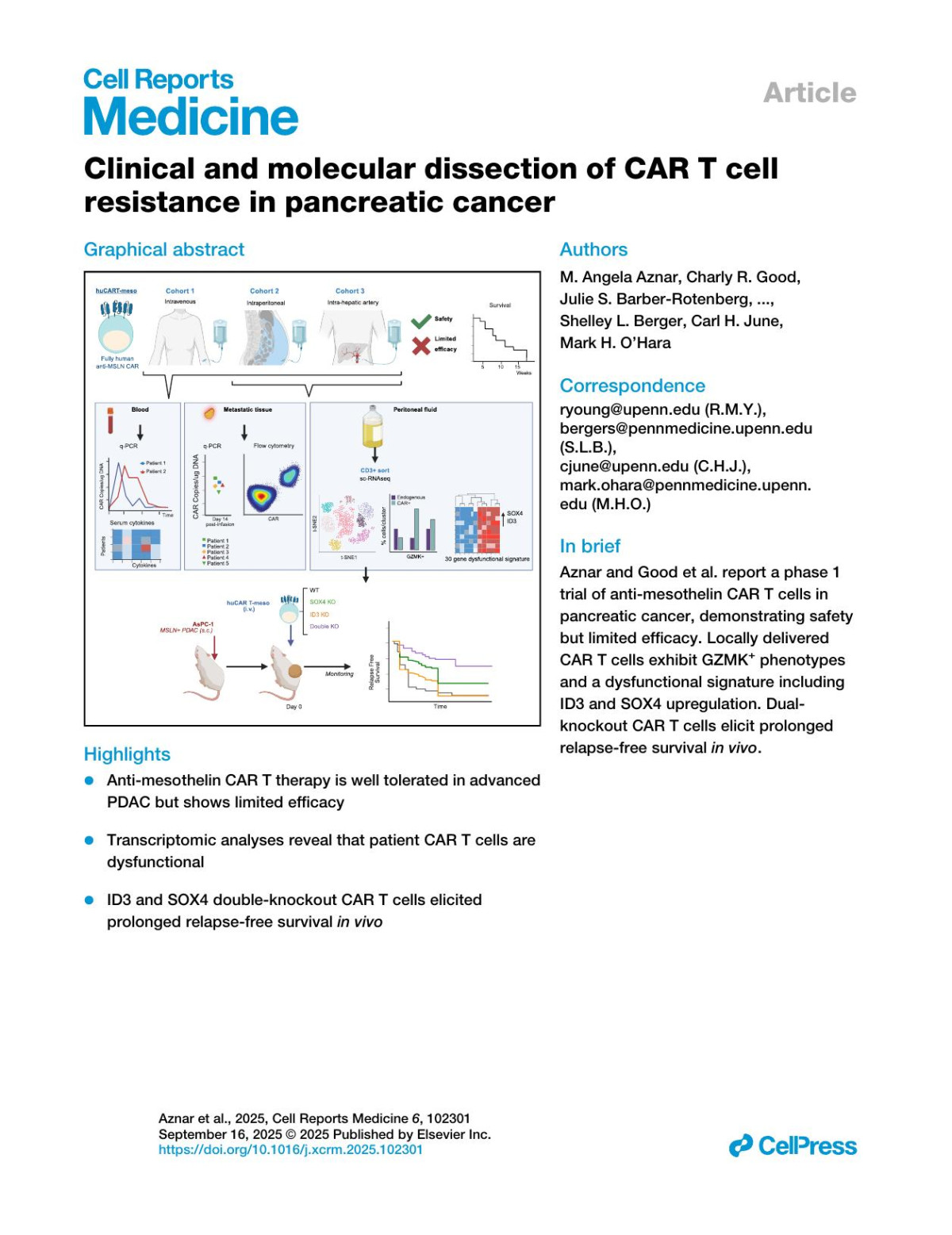 Clinical And Molecular Dissection Of Car T Cell Resistance In Pancreatic Cancer M Angela Aznar Charly R Good Julie S Barberrotenberg Sangya Agarwal Wesley Wilson Alex Watts Zhen Zhang Donna Gonzales Greg Donahue Weiting Hwang Austin K Rennels Andrew J Rech Shunichiro Kuramitsu Hua Huang Karl M