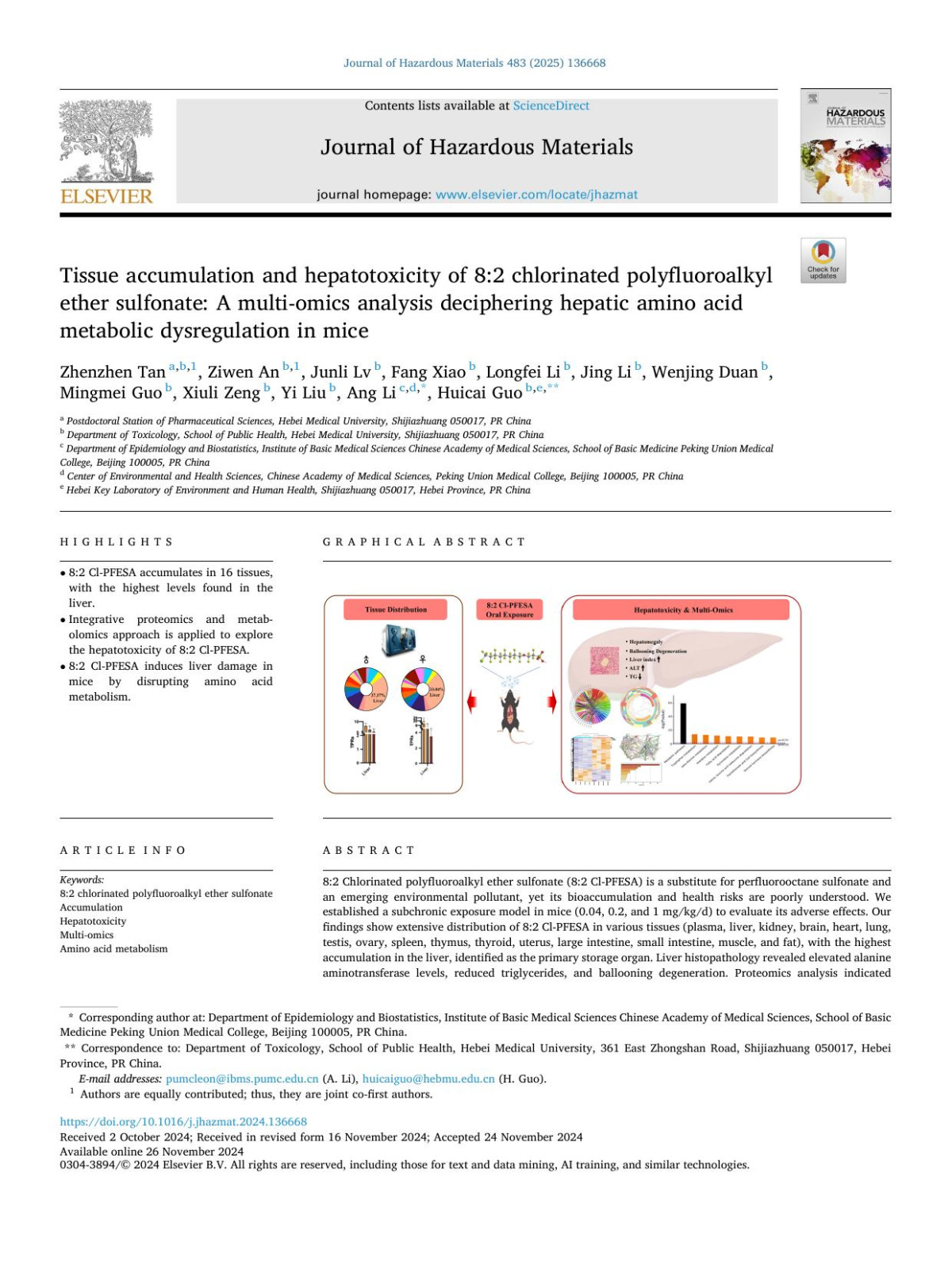 Tissue Accumulation And Hepatotoxicity Of 82 Chlorinated Polyfluoroalkyl Ether Sulfonate A Multiomics Analysis Deciphering Hepatic Amino Acid Metabolic Dysregulation In Mice Zhenzhen Tan