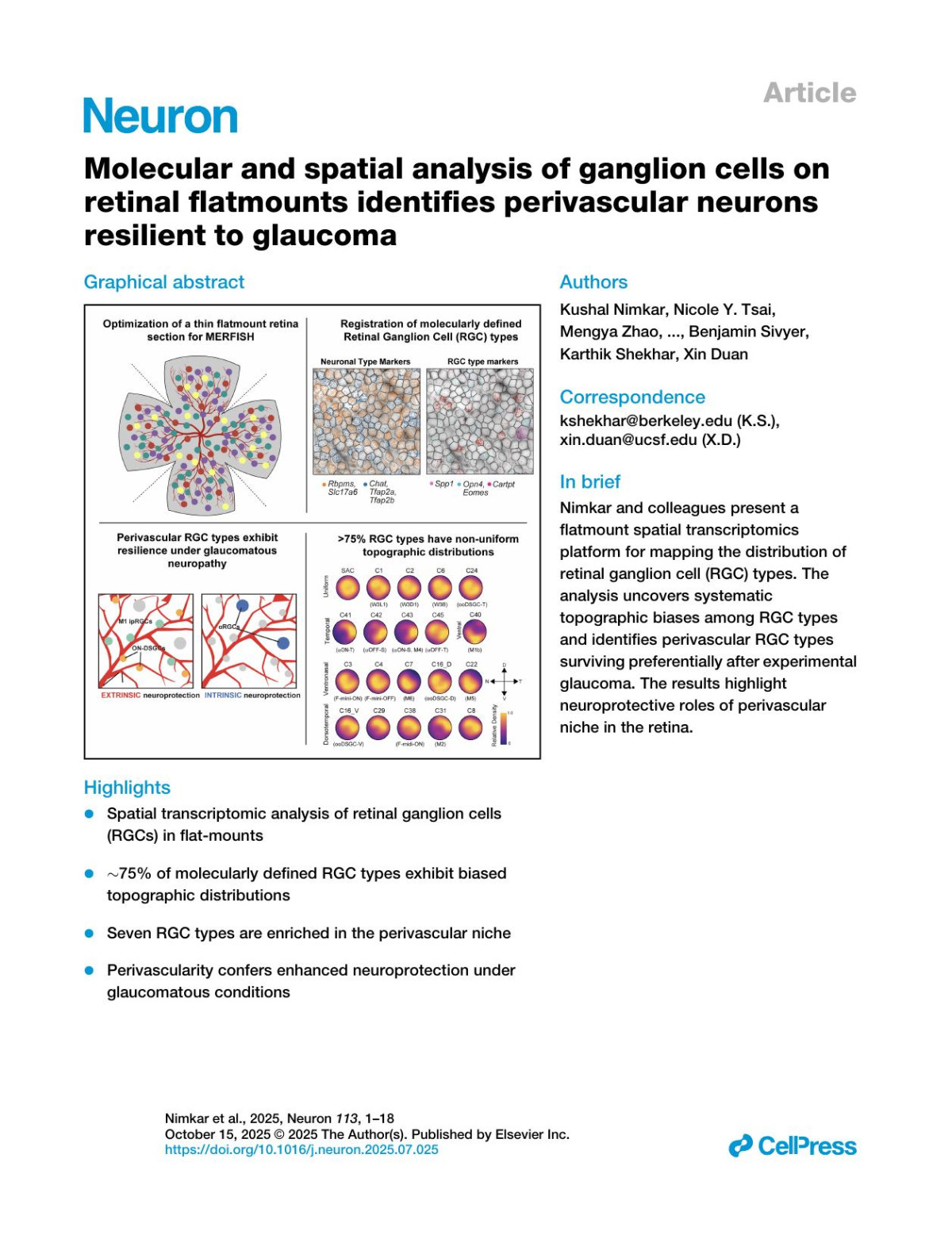 Molecular And Spatial Analysis Of Ganglion Cells Onretinal Flatmounts Identifies Perivascular Neuronsresilient To Glaucoma Kushal Nimkar Nicole Y Tsai Mengya Zhao Yujuan Yi Matthew R Lum Tavita R Garrett Yixiao Wang Kenichi Toma Franklin Cavalholme Nikhil Reddy Aliza T Ehrlich Arnold R Kriegstein Michael Tri H Do Yang Hu Benjamin Sivyer