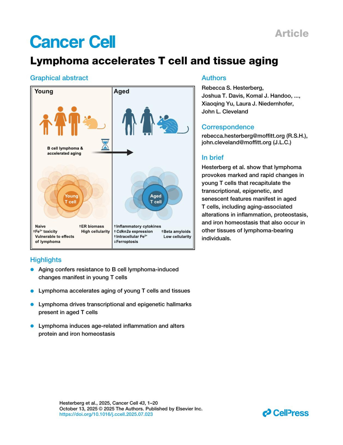 Lymphoma Accelerates T Cell And Tissue Aging Rebecca S Hesterberg Joshua T Davis Komal J Handoo Aya G Elmarsafawi Anthony C Augello Chiaho Cheng Reginald Atkins Dae Hyun Lee Chunying Yang Jiqiang Yao Krishna R Patel Melanie Mediavillavarela Javier Pinillaibarz