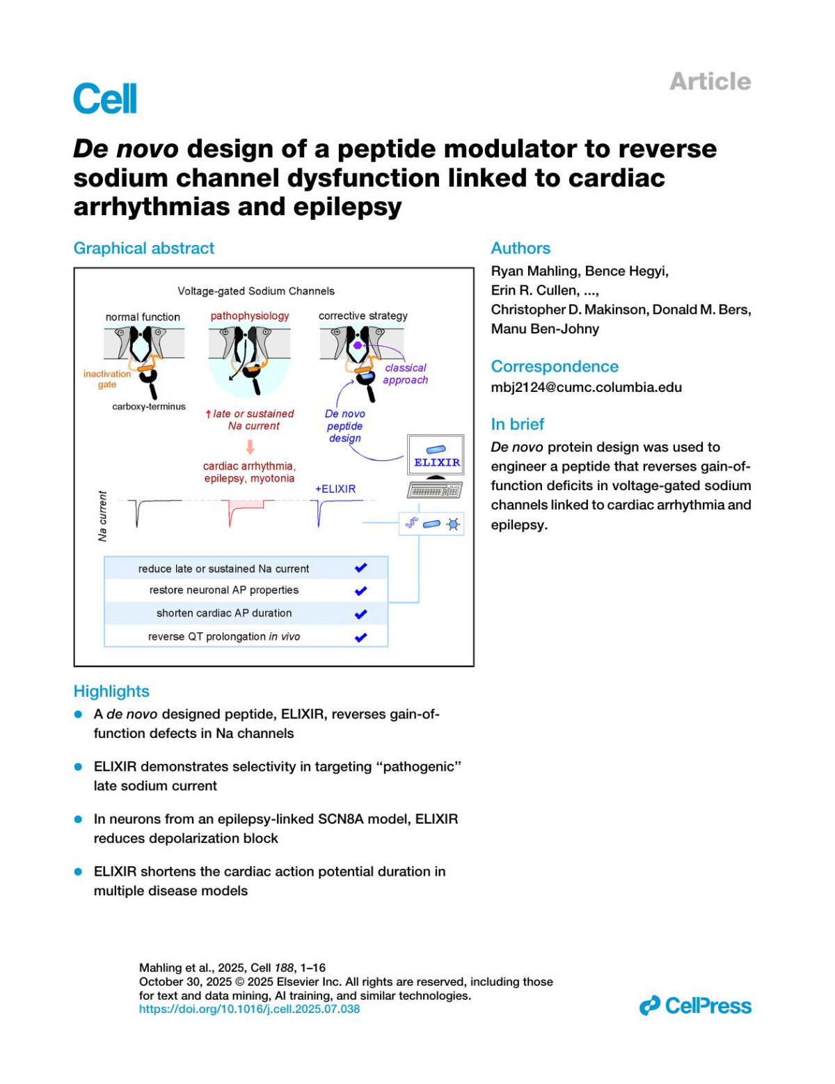 De Novo Design Of A Peptide Modulator To Reversesodium Channel Dysfunction Linked To Cardiacarrhythmias And Epilepsy Ryan Mahling Bence Hegyi Erin R Cullen Timothy M Cho Aaron R Rodriques Lucile Fossier Marc Yehya Lin Yang Bixing Chen Alexander N Katchman Nourdine Chakouri Ruiping Ji Elaine Y Wan Jared Kushner Steven O Marx Sergey