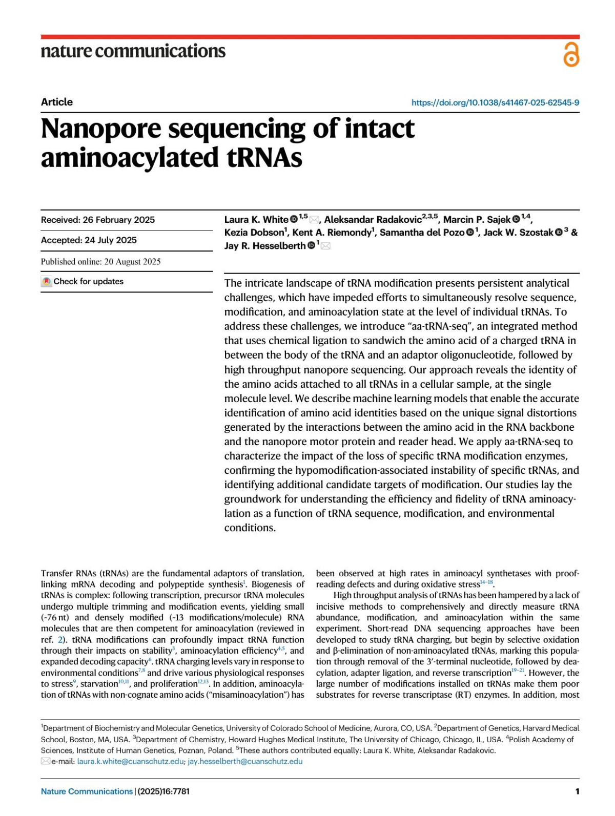 Nanopore Sequencing Of Intact Aminoacylated Trnas Laura K White