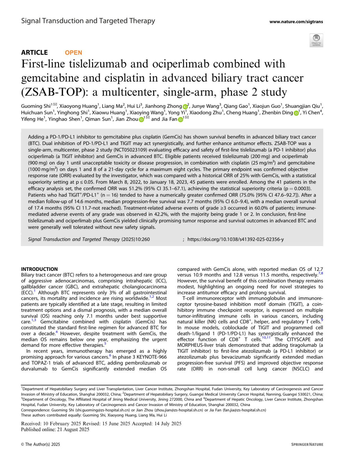 Firstline Tislelizumab And Ociperlimab Combined With Gemcitabine And Cisplatin In Advanced Biliary Tract Cancer Zsabtop A Multicenter Singlearm Phase 2 Study Guoming Shi