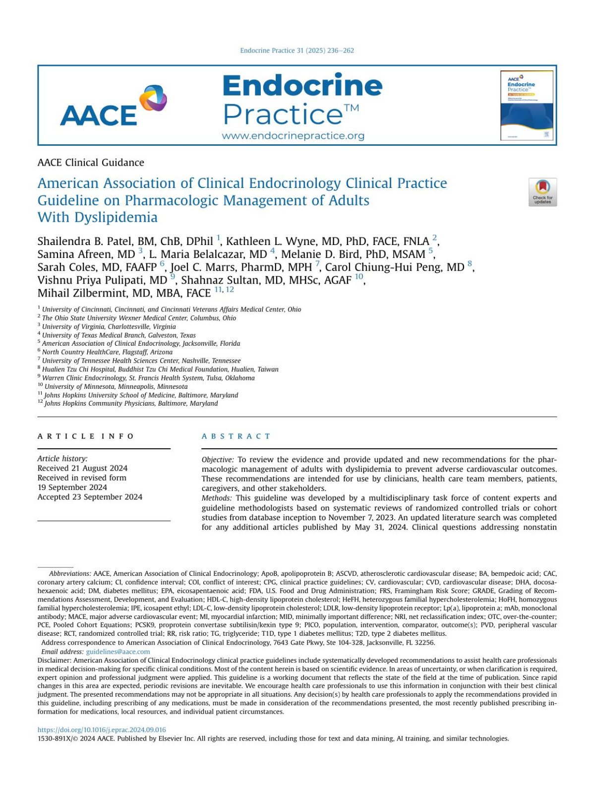 American Association Of Clinical Endocrinology Clinical Practice Guideline On Pharmacologic Management Of Adults With Dyslipidemia Shailendra B Patel Bm Chb Dphil Kathleen L Wyne Md Phd Face Fnla Samina Afreen Md L Maria Belalcazar Md Melanie D Bird Phd Msam Sarah Coles Md Faafp Joel C Marrs Pharmd Mph Carol Chiunghui Peng Md Vishnu Priya Pulipati Md