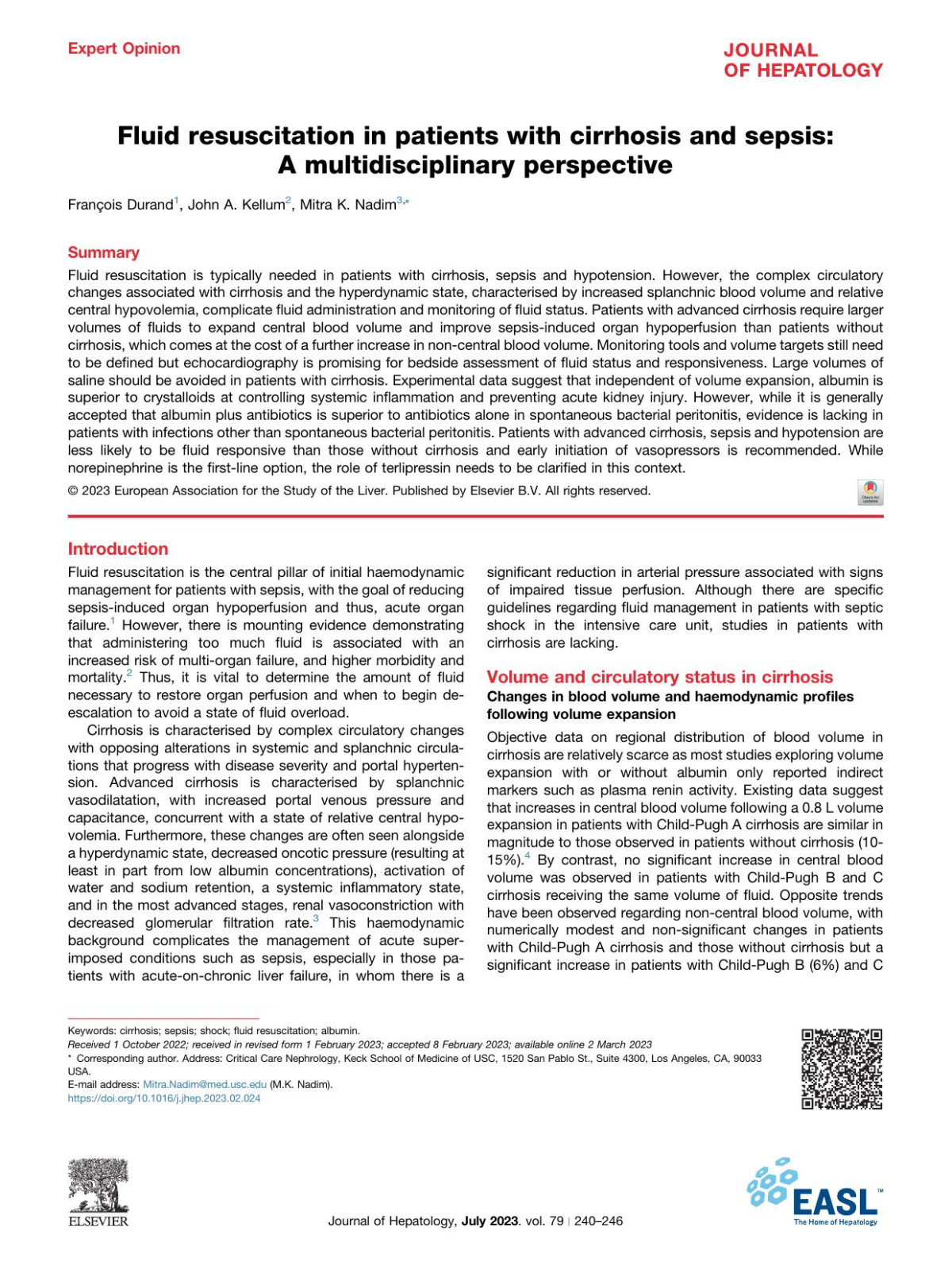 Fluid Resuscitation In Patients With Cirrhosis And Sepsis A Multidisciplinary Perspective Journal Of Hepatology July 2023 Vol 79 240246pdf François Durand John A Kellum Mitra K Nadim