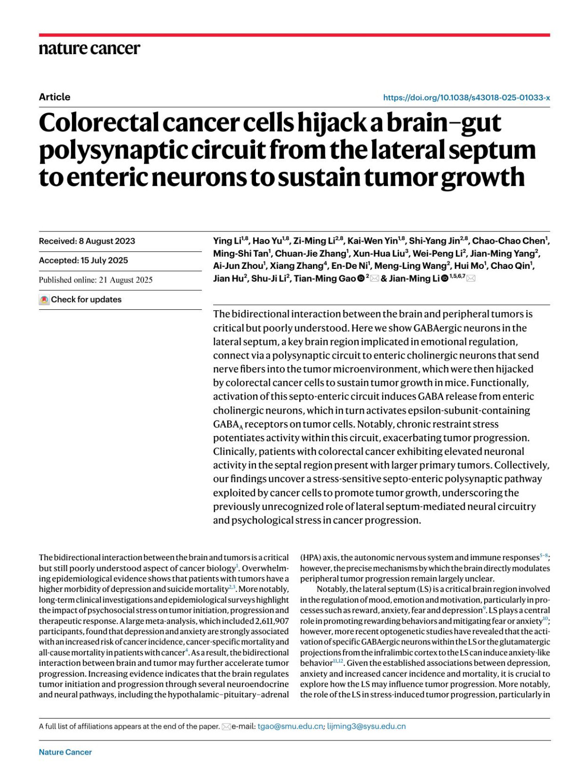 Colorectal Cancer Cells Hijack A Braingut Polysynaptic Circuit From The Lateral Septum To Enteric Neurons To Sustain Tumor Growth Ying Li Hao Yu Ziming Li Kaiwen Yin Shiyang Jin Chaochao Chen Mingshi Tan Chuanjie Zhang Xunhua Liu Weipeng Li Jianming Yang Aijun Zhou Xiang Zhang Ende Ni Mengling Wang Hui Mo Chao Qin Jian Hu Shuji Li