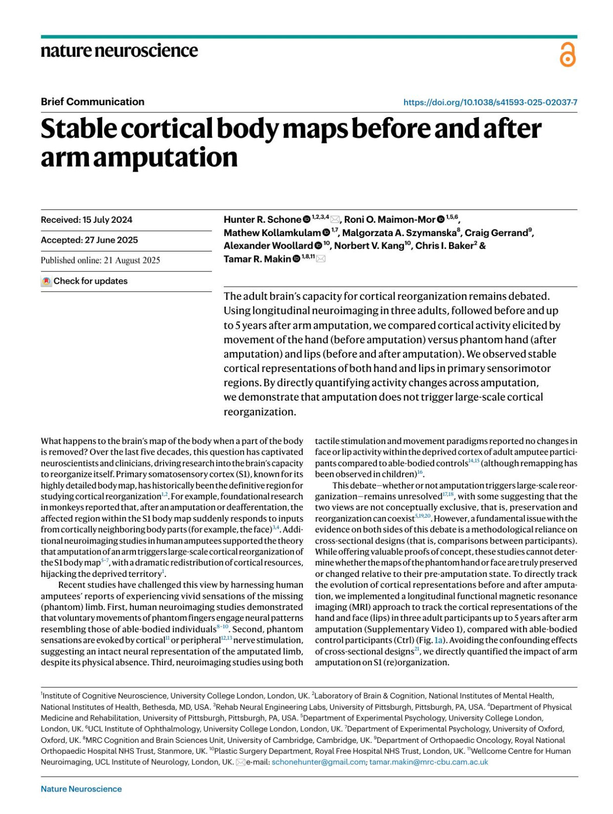 Stable Cortical Body Maps Before And After Arm Amputation Hunter R Schone Roni O Maimonmor Mathew Kollamkulam Malgorzata A Szymanska Craig Gerrand Alexander Woollard Norbert V Kang Chris I Baker Tamar R Makin
