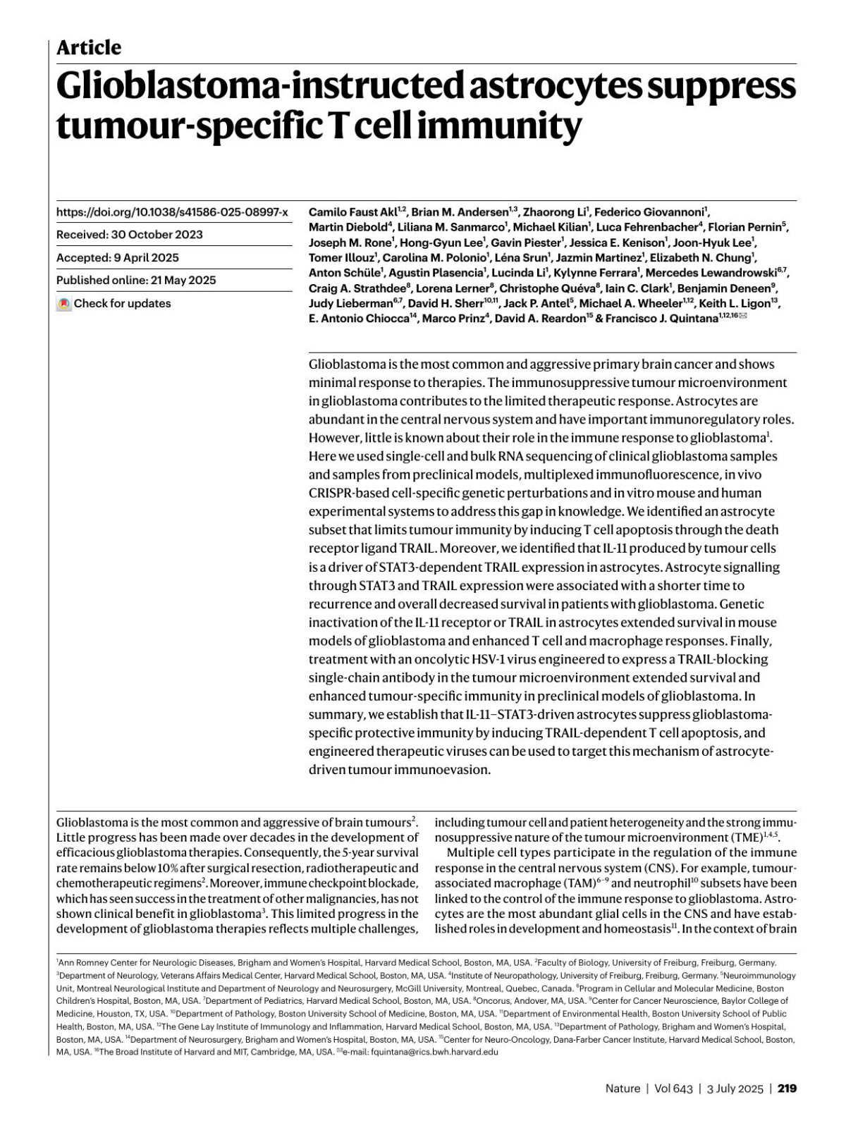 Glioblastomainstructed Astrocytes Suppress Tumourspecific T Cell Immunity Camilo Faust Akl Brian M Andersen Zhaorong Li Federico Giovannoni Martin Diebold Liliana M Sanmarco Michael Kilian Luca Fehrenbacher Florian Pernin Joseph M Rone Honggyun Lee Gavin Piester Jessica E Kenison Joonhyuk Lee
