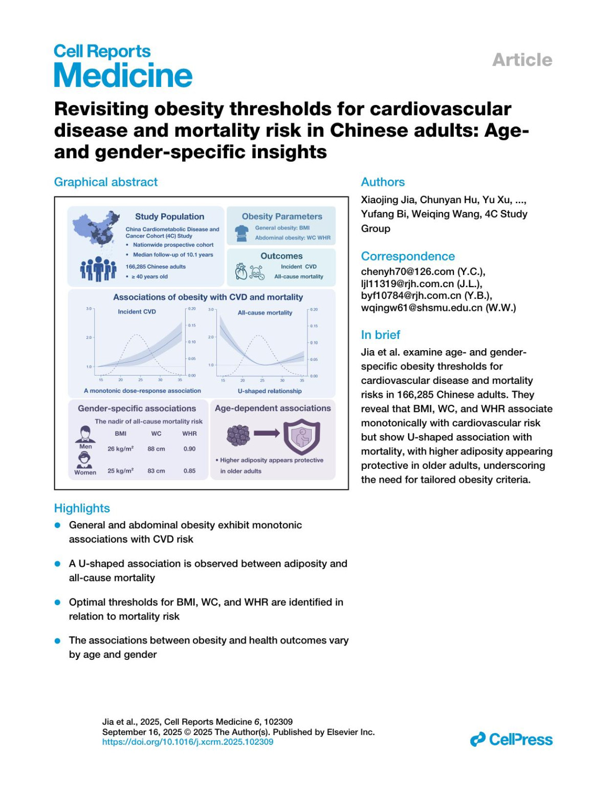 Revisiting Obesity Thresholds For Cardiovasculardisease And Mortality Risk In Chinese Adults Ageand Genderspecific Insights Xiaojing Jia Chunyan Hu Yu Xu Yue Yin Hong Lin Ruizhi Zheng Mian Li Min Xu Tiange Wang Zhiyun Zhao Hong Qiao Guijun Qin Yingfen Qin Xulei Tang Zhen Ye Ruying Hu Lixin Shi Qing Su Xuefeng Yu Li Yan Qin Wan Gang