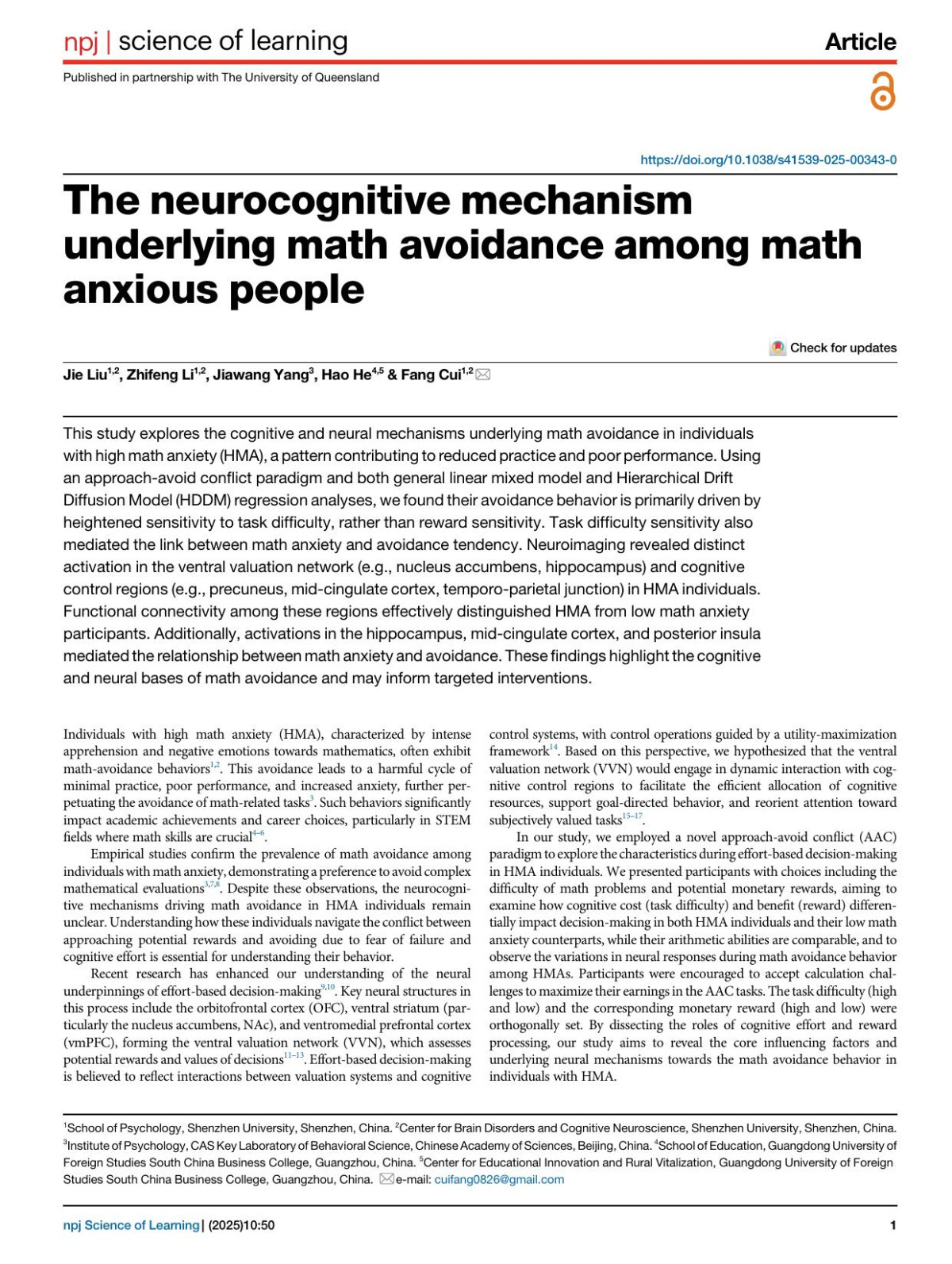 The Neurocognitive Mechanism Underlying Math Avoidance Among Math Anxious People Jie Liu Zhifeng Li Jiawang Yang Hao He Fang Cui