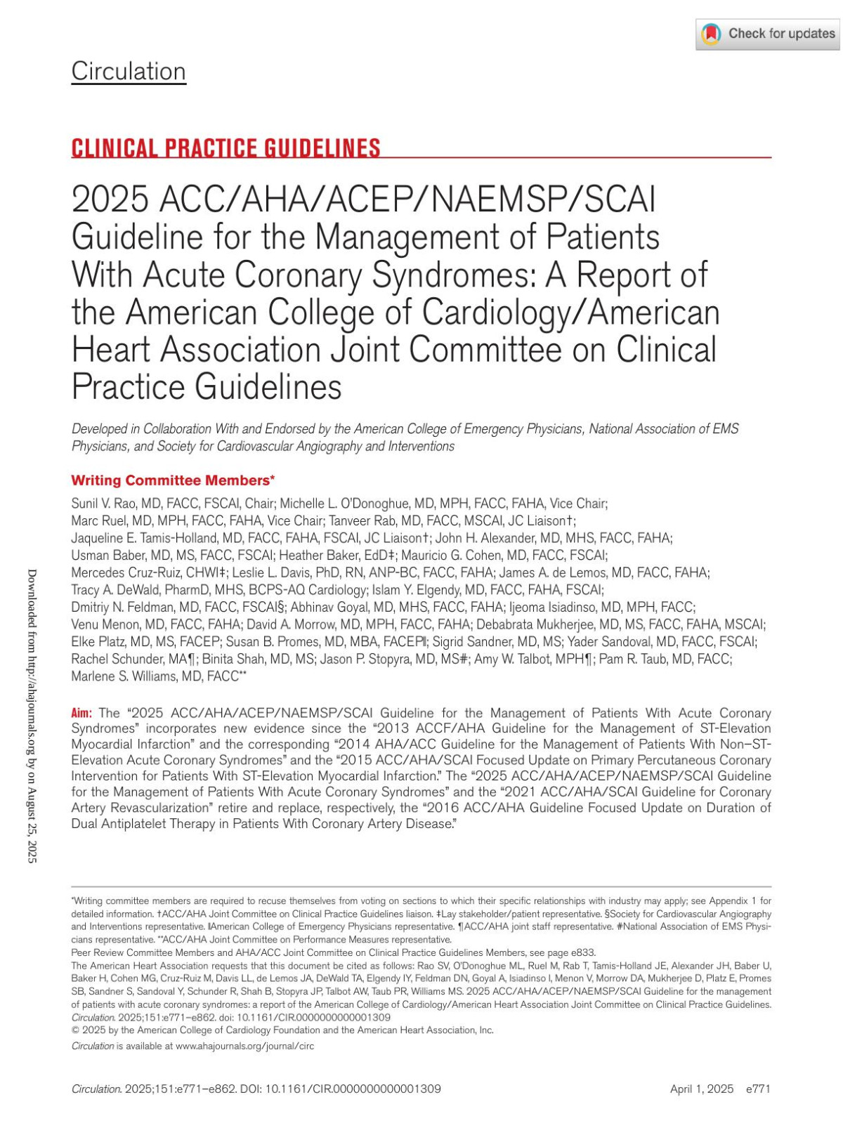 2025 Accahaacepnaemspscai Guideline For The Management Of Patients With Acute Coronary Syndromes A Report Of The American College Of Cardiologyamerican Heart Association Joint Committee On Clinical Practice Guidelines Circulation 2025151e771e862 Unknown