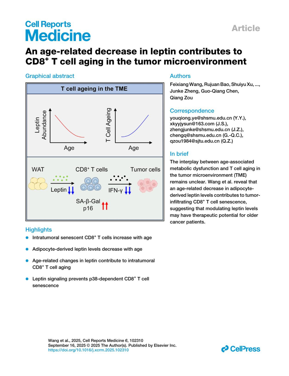 An Agerelated Decrease In Leptin Contributesto Cd8 T Cell Aging In The Tumor Microenvironment Feixiang Wang Rujuan Bao Shuiyu Xu Wenyan Li Haiyan Huang Runchang Li Xinyu Ding Yuerong Zhang Xiaoyan Yu Qiaoqiao Han Xian Du Jie Wan Song Li Yichuan Xiao Ren Zhao Xingang Cui Youqiong Ye Jiayuan Sun Junke Zheng