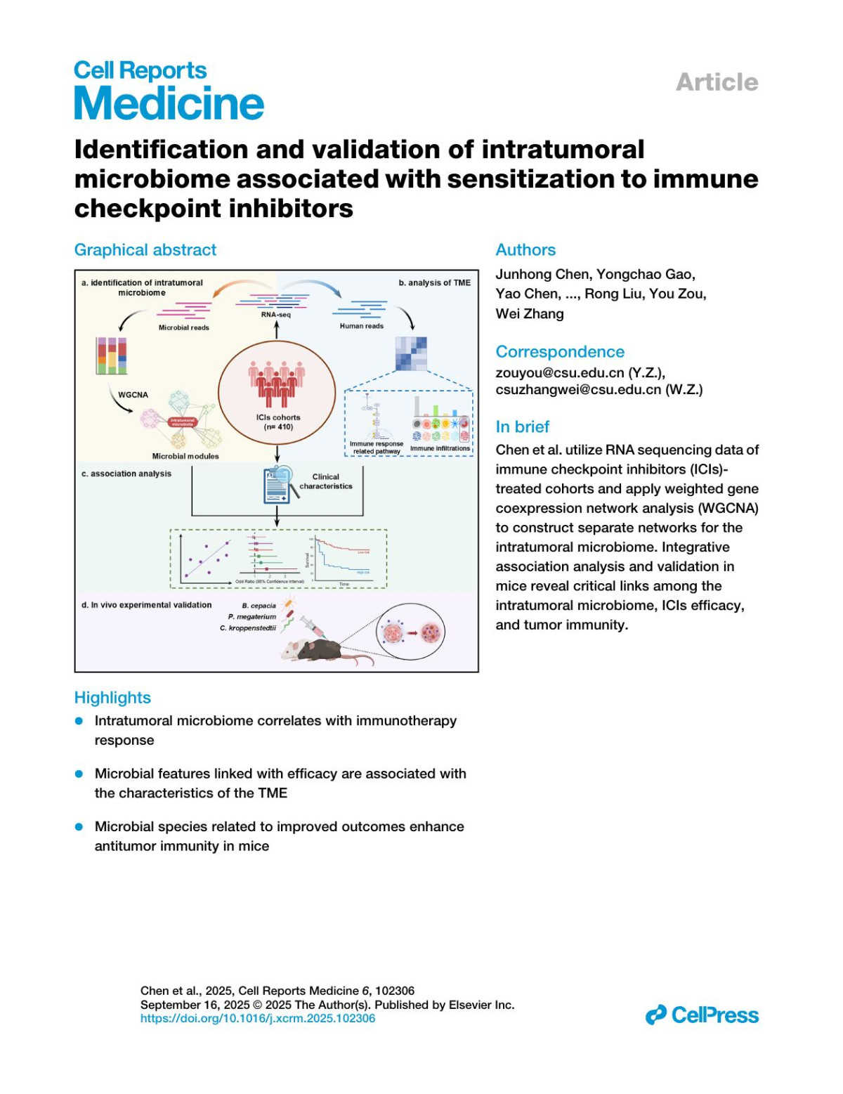 Identification And Validation Of Intratumoralmicrobiome Associated With Sensitization To Immunecheckpoint Inhibitors Junhong Chen Yongchao Gao Yao Chen Quanlin Wang Yulong Zhang Yujing Huang Xiaoying Xian Dingding Zhou Honghao Zhou Rong Liu You Zou Wei Zhang