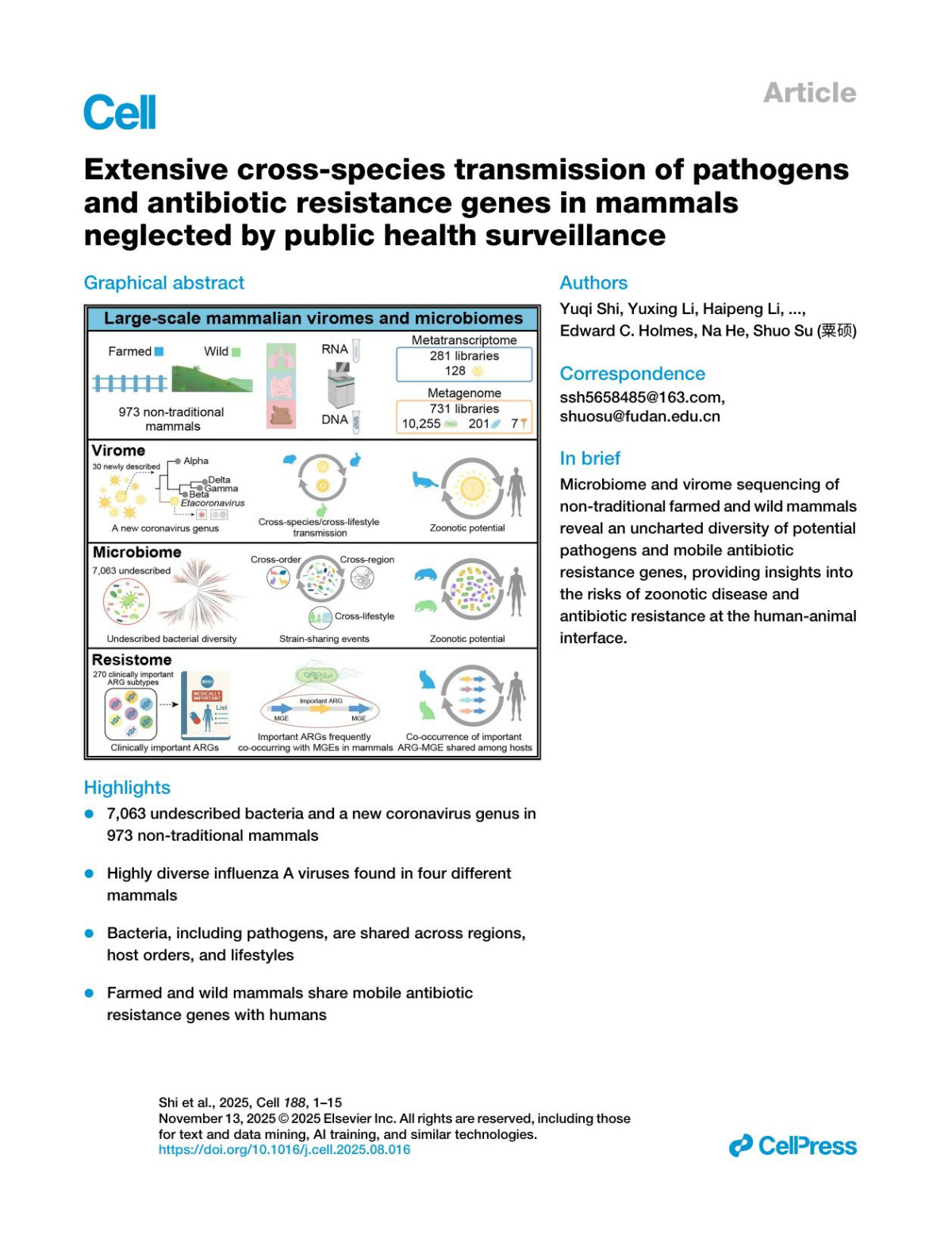 Extensive Crossspecies Transmission Of Pathogens And Antibiotic Resistance Genes In Mammals Neglected By Public Health Surveillance 1st Edition Yuqi Shi Yuxing Li Haipeng Li Ayidana Haerheng Vanessa R Marcelino Meng Lu Philippe Lemey Jia Tang Yuhai Bi John Ho Pettersson Jon Bohlin Joon Klaps Zuowei Wu Wenbo Wan Bowen Sun Mei Kang Edward C Holmes Na He
