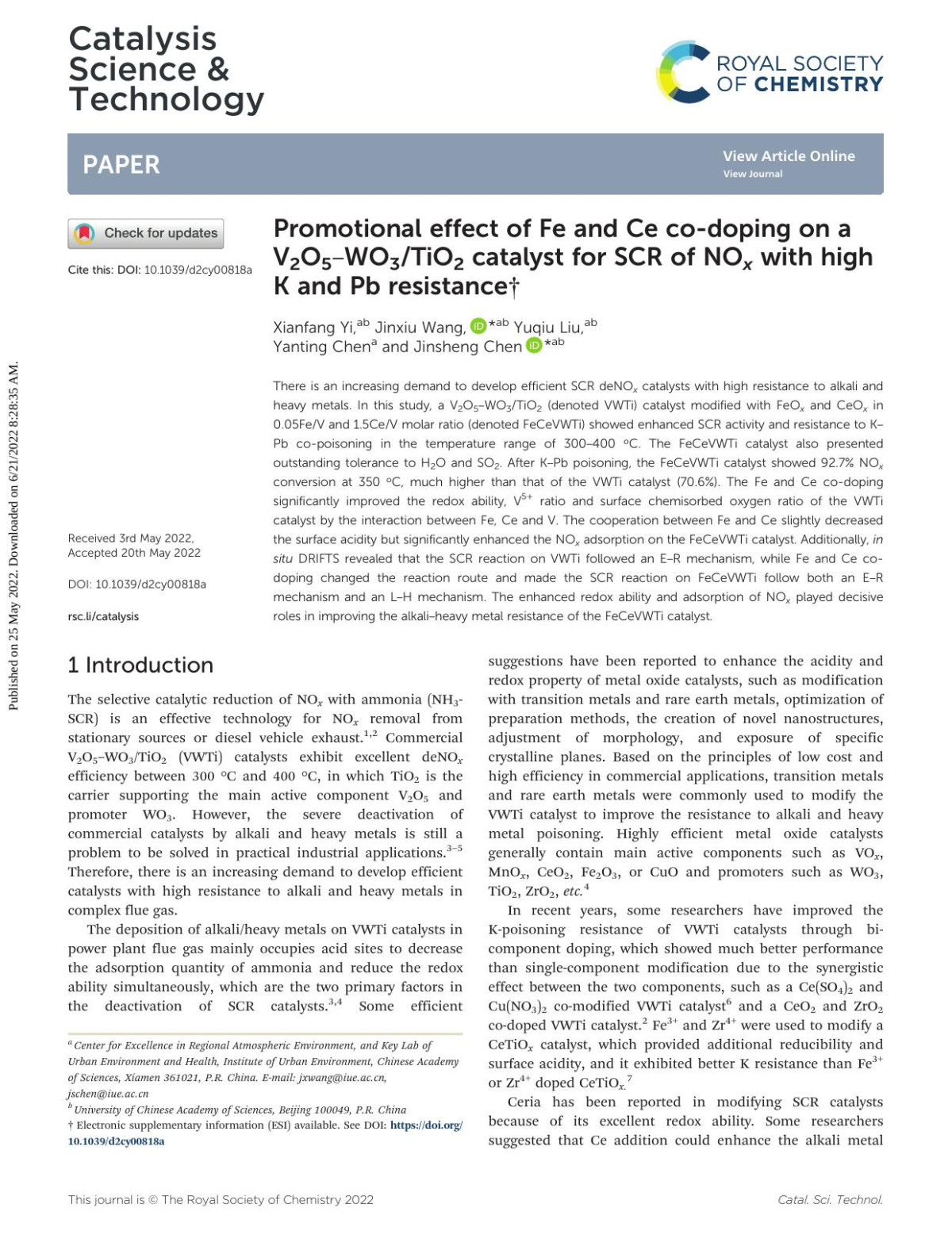 Promotional Effect Of Fe And Ce Codoping On A V2o5wo3tio2 Catalyst For Scr Of Nox With High K And Pb Resistance Xianfang Yi Jinxiu Wang Yuqiu Liu Yanting Chen Jinsheng Chen