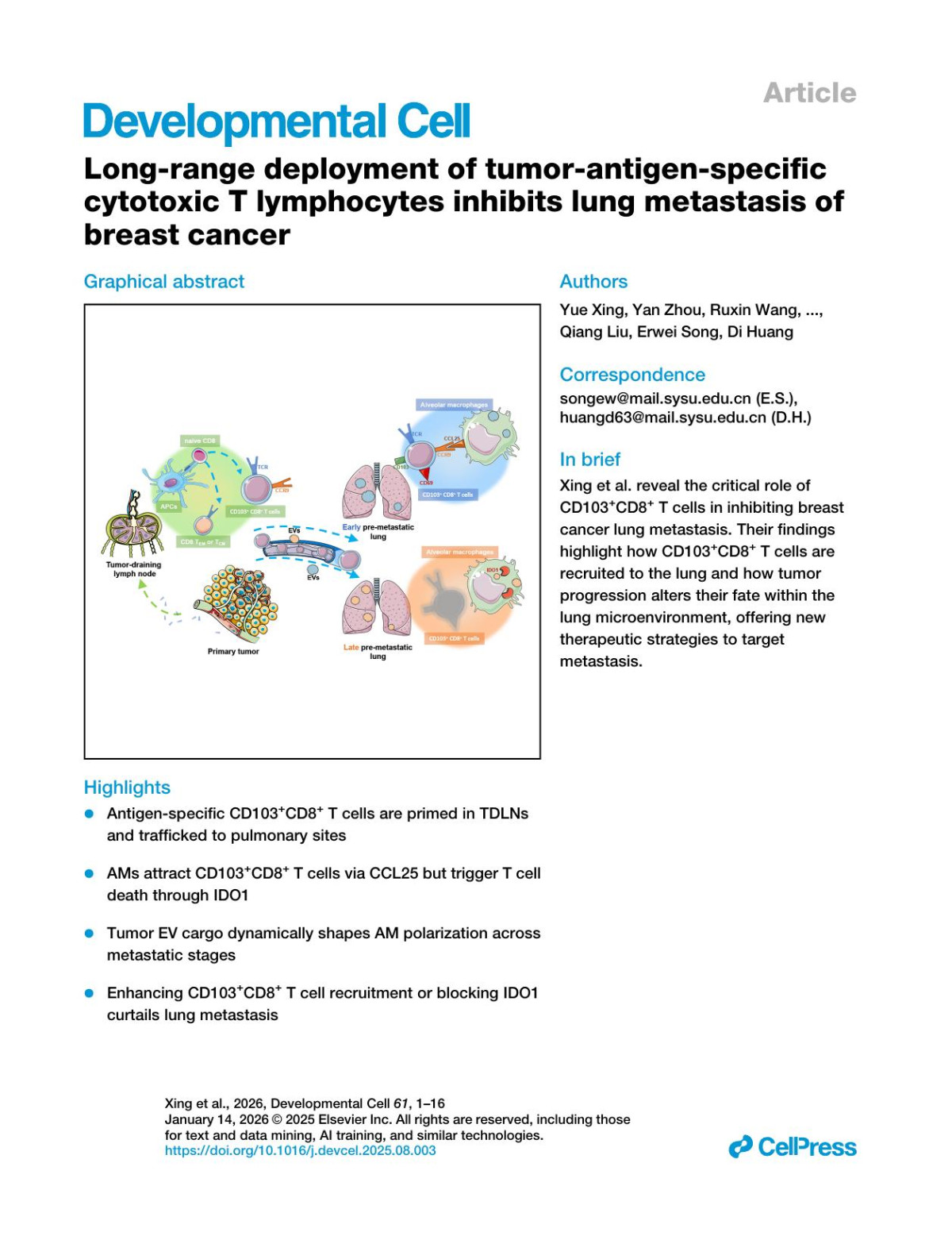 Longrange Deployment Of Tumorantigenspecificcytotoxic T Lymphocytes Inhibits Lung Metastasisof Breast Cancer Yue Xing Yan Zhou Ruxin Wang Jianing Chen Linbin Yang Xiangyu Meng Jiawen Wang Qian Ouyang Jinghua Zhao Fei Chen Phei Er Saw Jia Fan Jiandong Huang Wei Wu Qiang Liu Erwei Song Di Huang