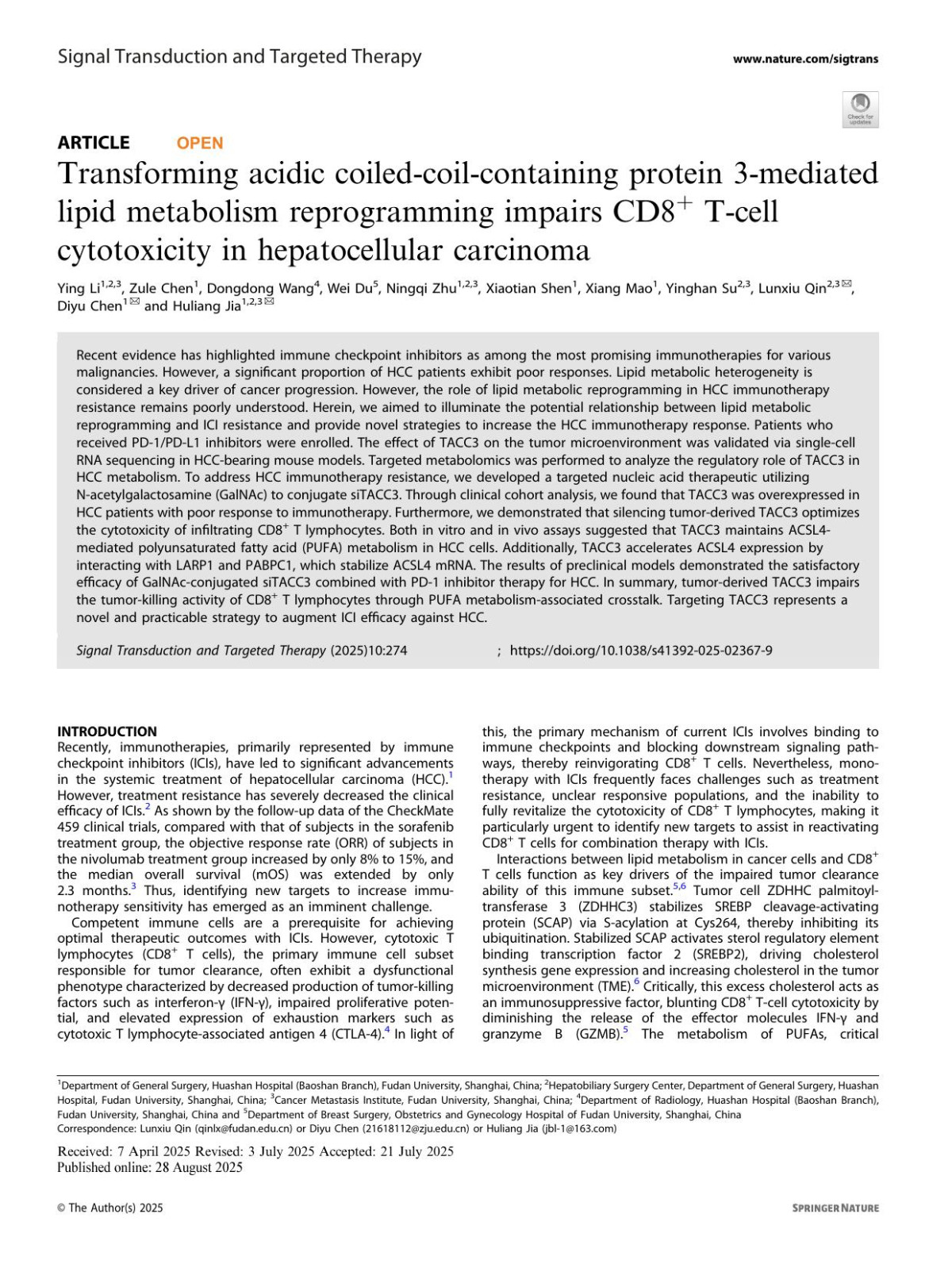 Transforming Acidic Coiledcoilcontaining Protein 3mediated Lipid Metabolism Reprogramming Impairs Cd8 Tcell Cytotoxicity In Hepatocellular Carcinoma Ying Li Zule Chen Dongdong Wang Wei Du Ningqi Zhu Xiaotian Shen Xiang Mao Yinghan Su Lunxiu Qin Diyu Chen Huliang Jia