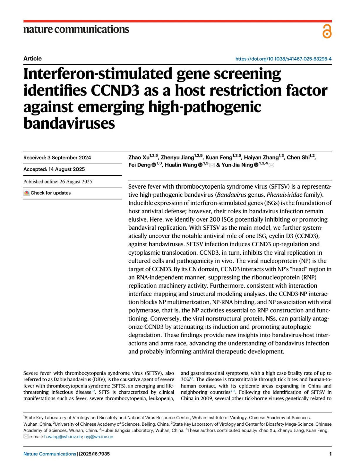 Interferonstimulated Gene Screening Identifies Ccnd3 As A Host Restriction Factor Against Emerging Highpathogenic Bandaviruses Zhao Xu Zhenyu Jiang Kuan Feng Haiyan Zhang Chen Shi Fei Deng Hualin Wang Yunjia Ning
