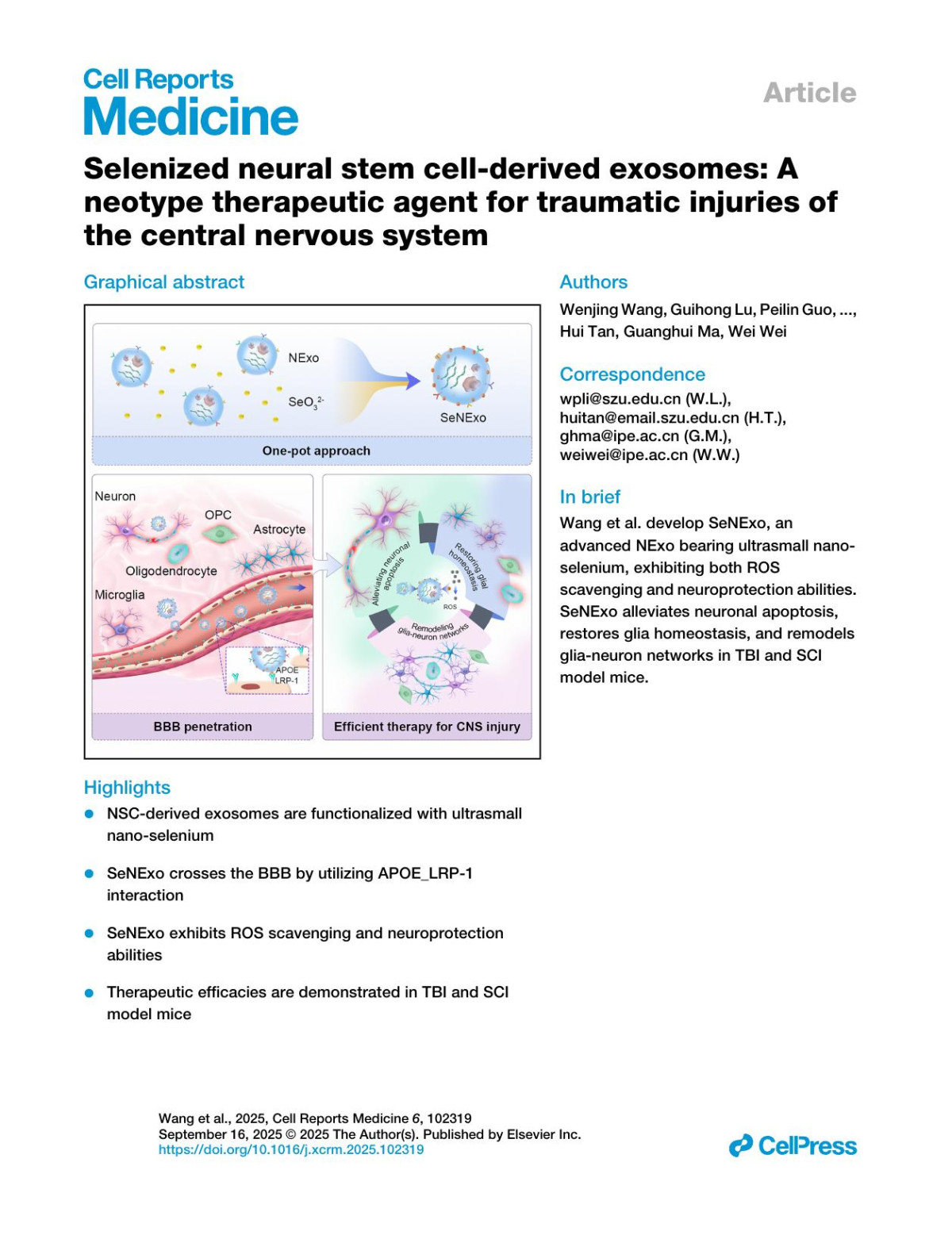 Selenized Neural Stem Cellderived Exosomesa Neotype Therapeutic Agent For Traumaticinjuries Of The Central Nervous System Wenjing Wang Guihong Lu Peilin Guo Haochong Zhang Yan Wang Diwei Zheng Chengliang Lyu Dongfang Wang Shang Li Feng Li Jiawei Zhao Meng Qin Weiping Li Hui Tan Guanghui Ma Wei Wei