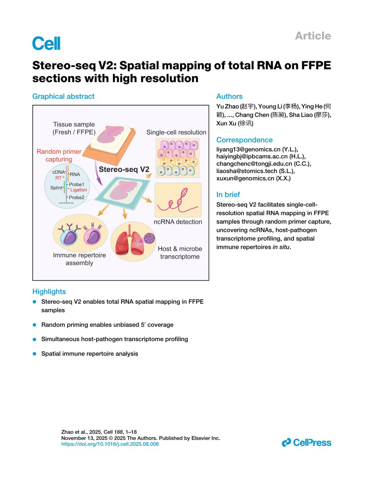 Stereoseq V2 Spatial Mapping Of Total Rna On Ffpe Sections With High Resolution Yu Zhao 赵宇 Young Li 李杨 Ying He 何颖 Junqi Wu 吴俊琪 Yi Liu 刘怡 Xinxing Li 李薪星 Zhaoxun Li 李兆勋 Qiaomei Yuan 袁巧梅 Jialuo Li 李嘉珞 Xinya Zhang 张心雅 Xiaole Hu 胡晓乐 Guifang Wu 吴桂芳 Ying Qiu 邱樱 Jie Yuan 袁杰 Xin Huang