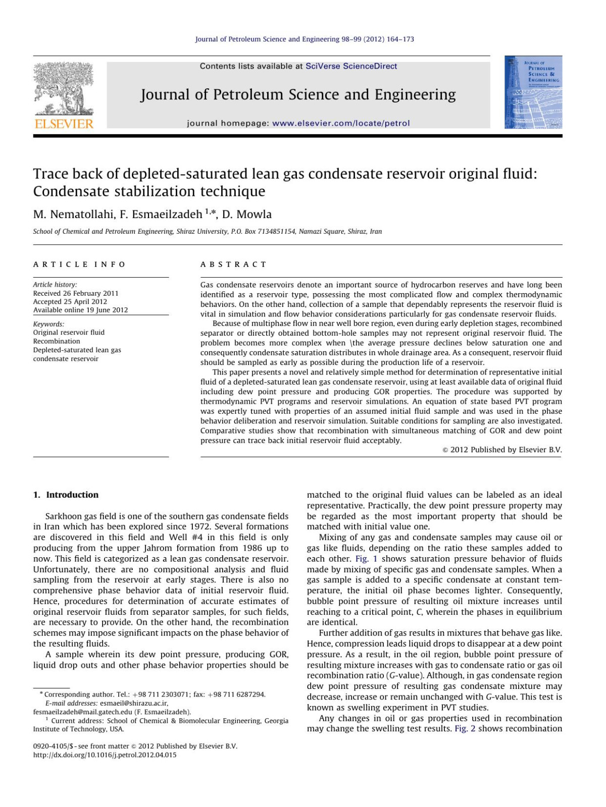 Trace Back Of Depletedsaturated Lean Gas Condensate Reservoir Original Fluid Condensate Stabilization Technique M Nematollahi