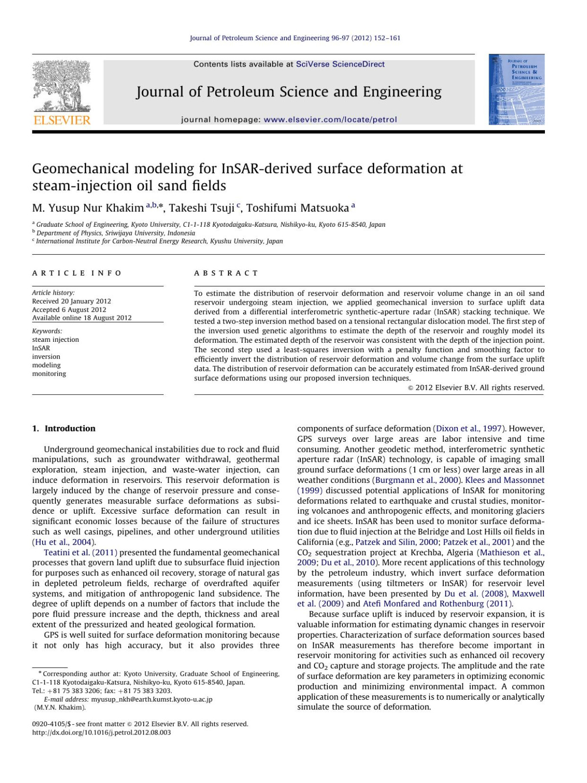 Geomechanical Modeling For Insarderived Surface Deformation At Steaminjection Oil Sand Fields M Yusup Nur Khakim