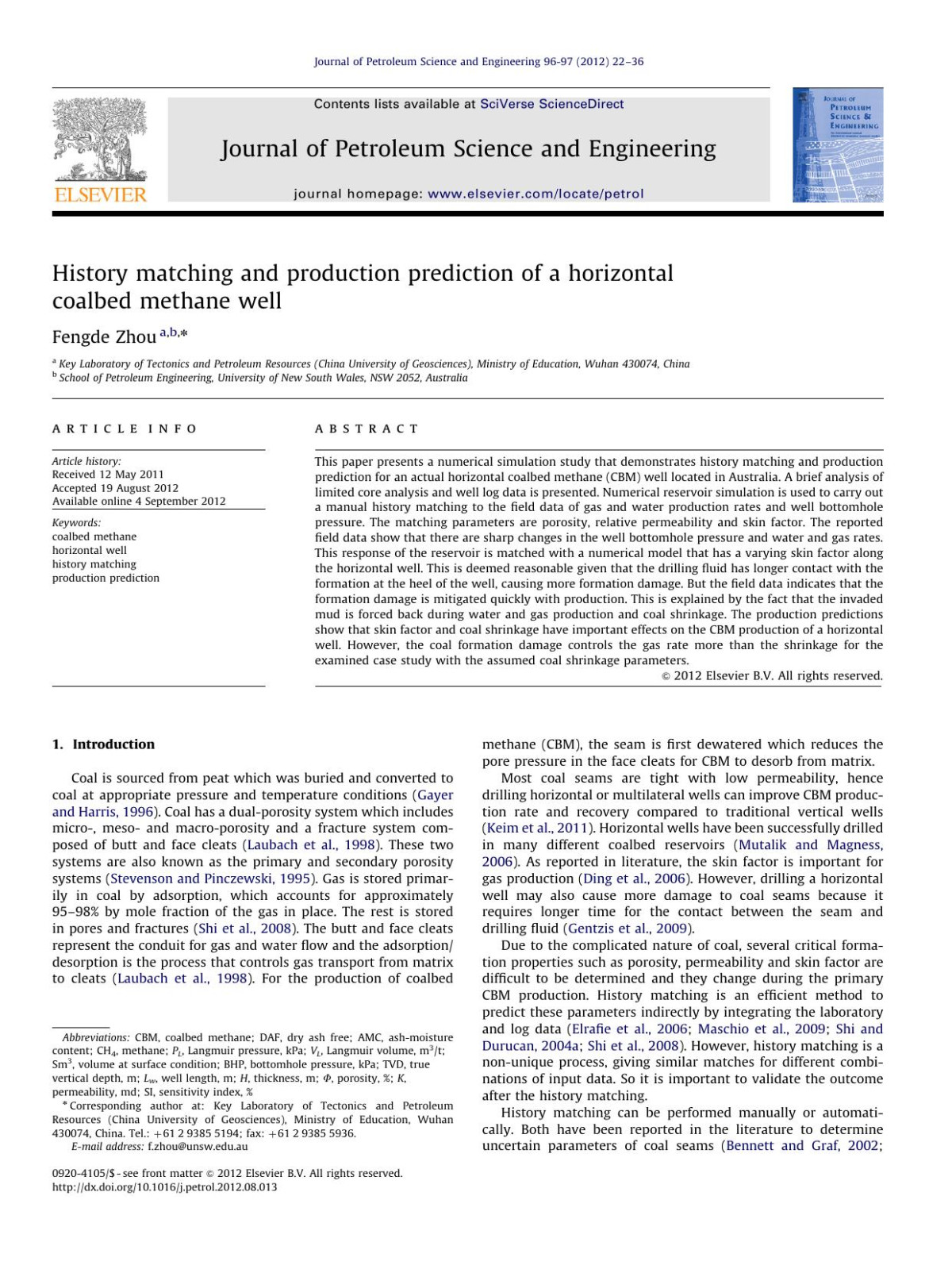 History Matching And Production Prediction Of A Horizontal Coalbed Methane Well Fengde Zhou
