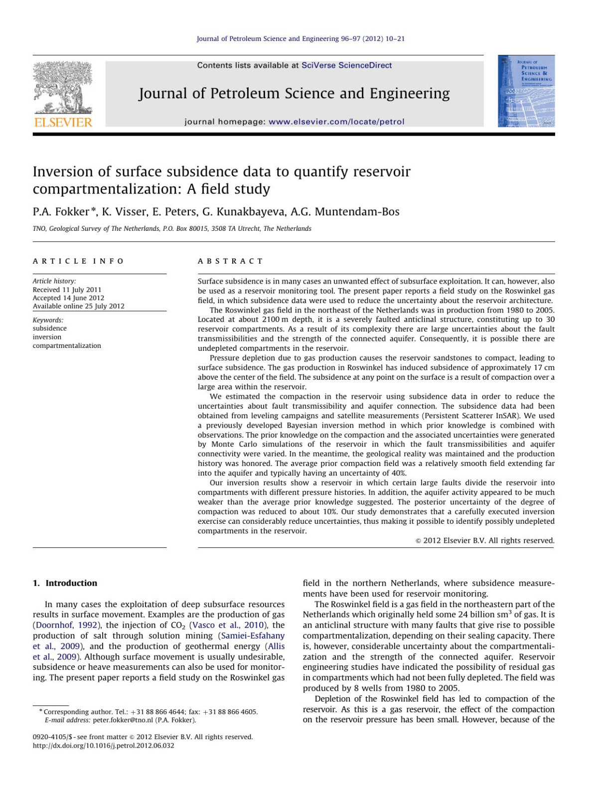 Inversion Of Surface Subsidence Data To Quantify Reservoir Compartmentalization A Field Study Pa Fokker
