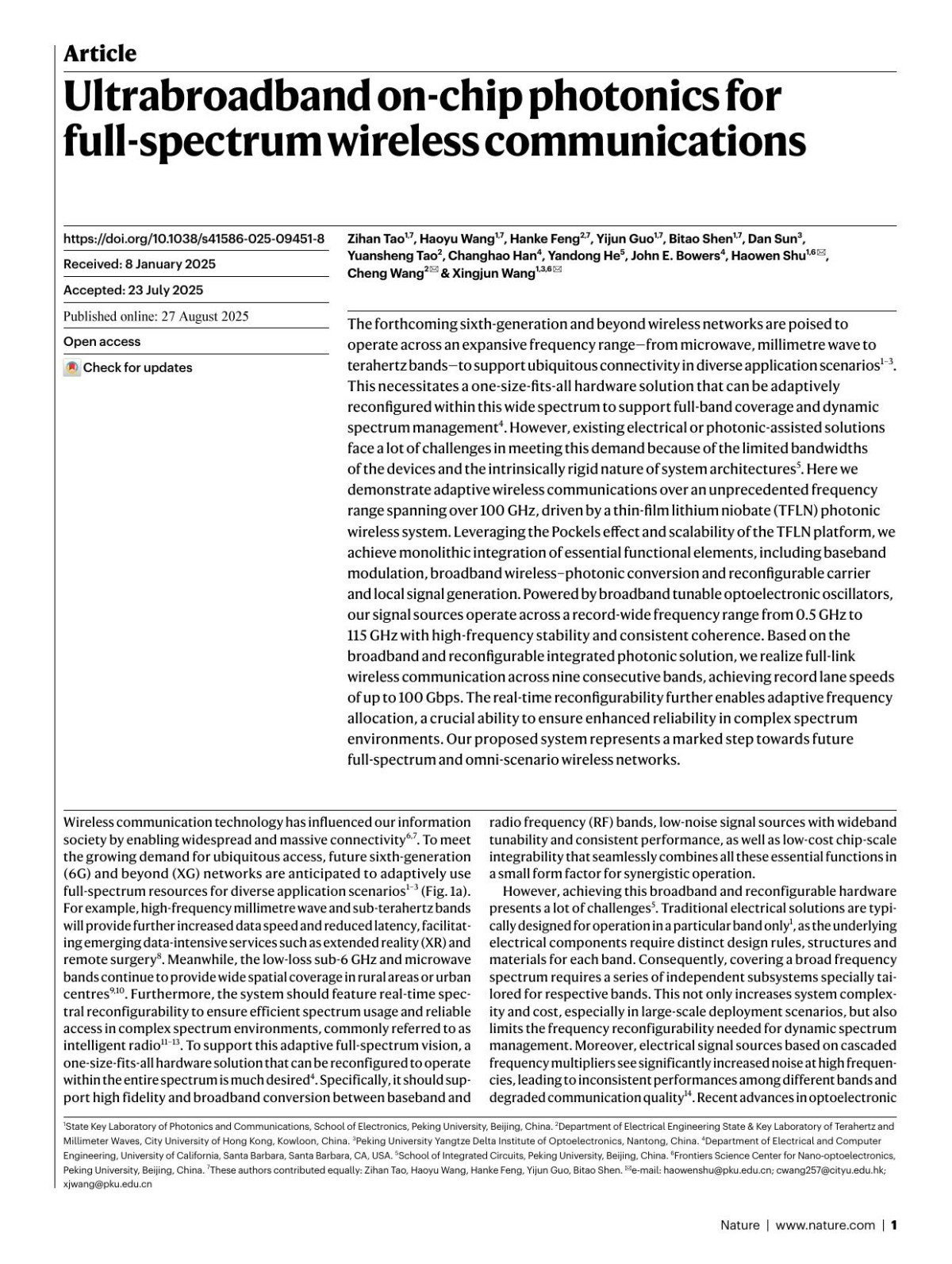 Ultrabroadband Onchip Photonics For Fullspectrum Wireless Communications Zihan Tao Haoyu Wang Hanke Feng Yijun Guo Bitao Shen Dan Sun Yuansheng Tao Changhao Han Yandong He John E Bowers Haowen Shu Cheng Wang Xingjun Wang