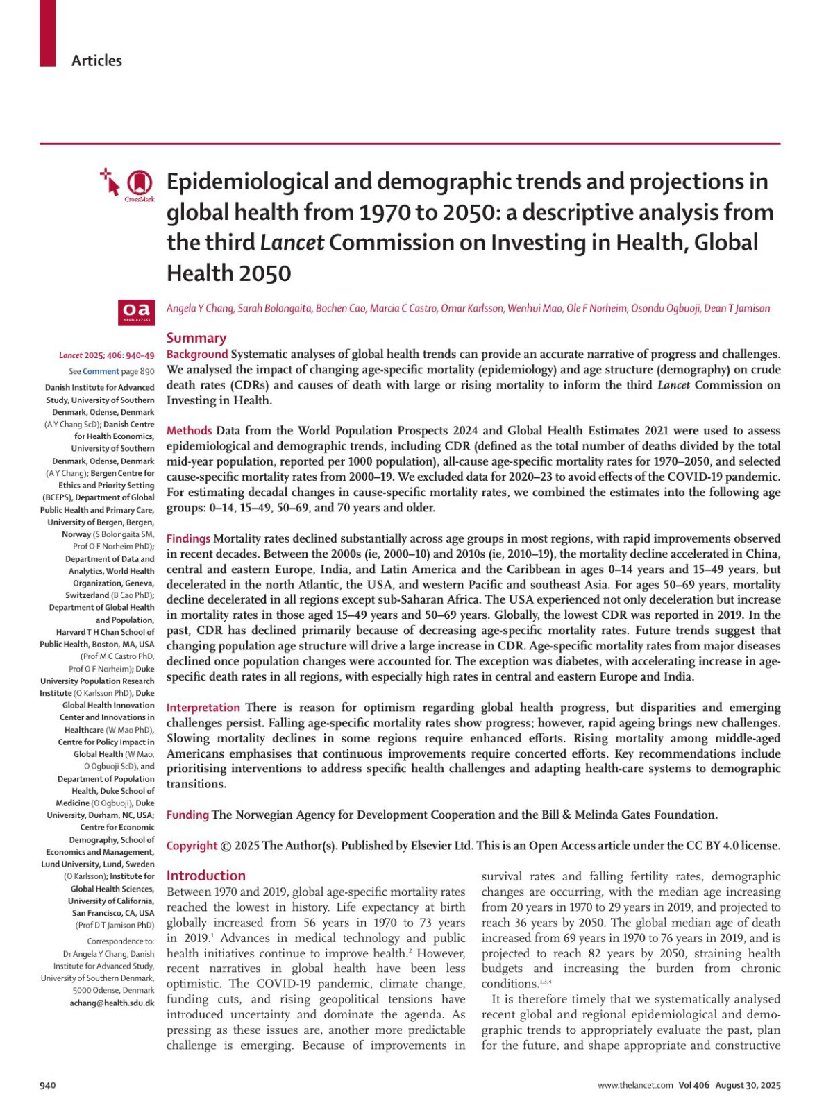 Epidemiological And Demographic Trends And Projections In Global Health From 1970 To 2050 A Descriptive Analysis From The Third Lancet Commission On Investing In Health Global Health 2050 Angela Y Chang Scd Sarah Bolongaita Sm Bochen Cao Phd Prof Marcia C Castro Phd Omar Karlsson Phd Wenhui Mao Phd Prof Ole F Norheim Phd Osondu Ogbuoji Scd Prof Dean T Jamison Phd