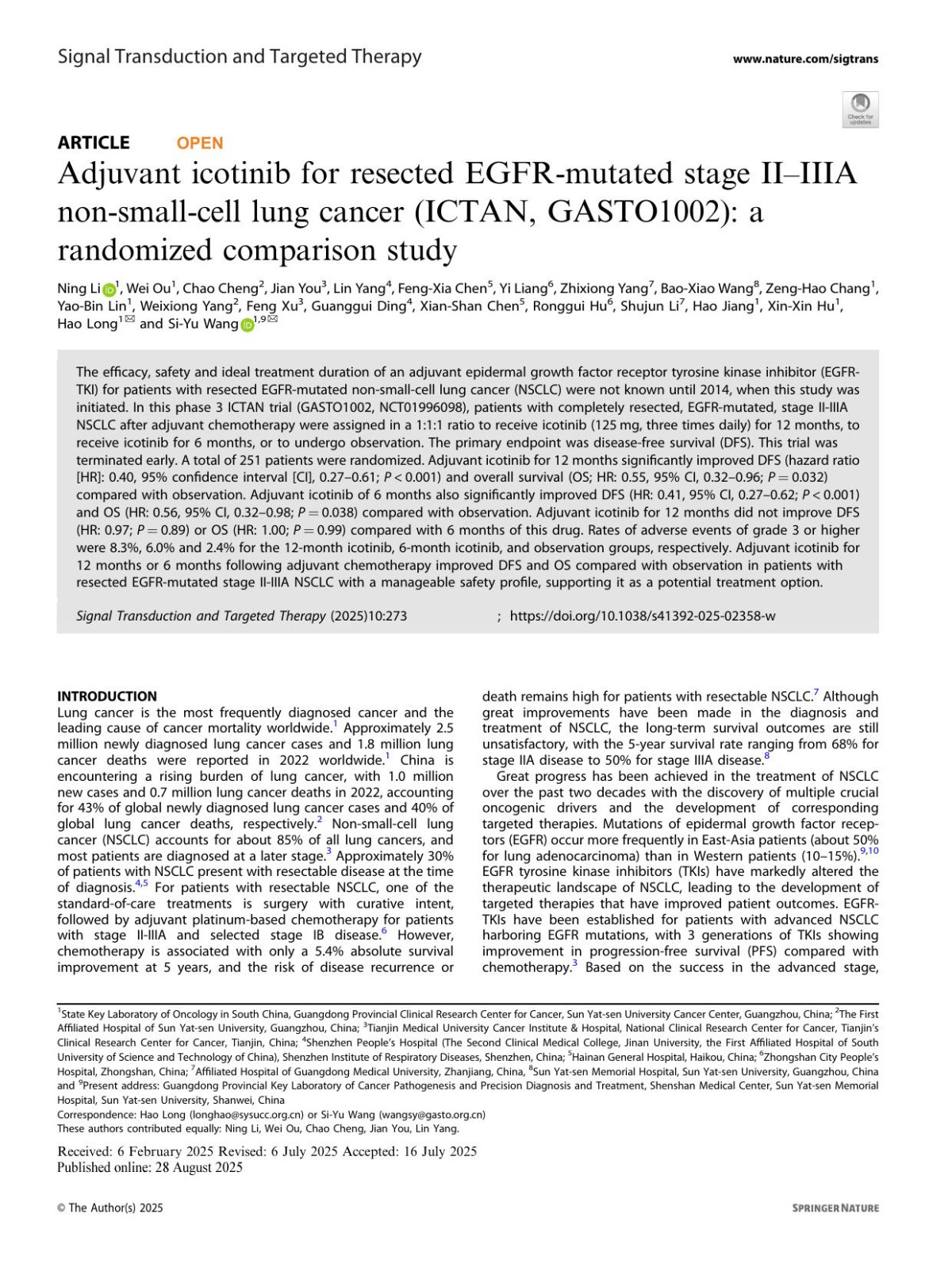 Adjuvant Icotinib For Resected Egfrmutated Stage Iiiiia Nonsmallcell Lung Cancer Ictan Gasto1002 A Randomized Comparison Study Ning Li Wei Ou Chao Cheng Jian You Lin Yang Fengxia Chen Yi Liang Zhixiong Yang Baoxiao Wang Zenghao Chang Yaobin Lin Weixiong Yang Feng Xu Guanggui Ding Xianshan Chen Ronggui Hu Shujun Li Hao Jiang Xinxin Hu