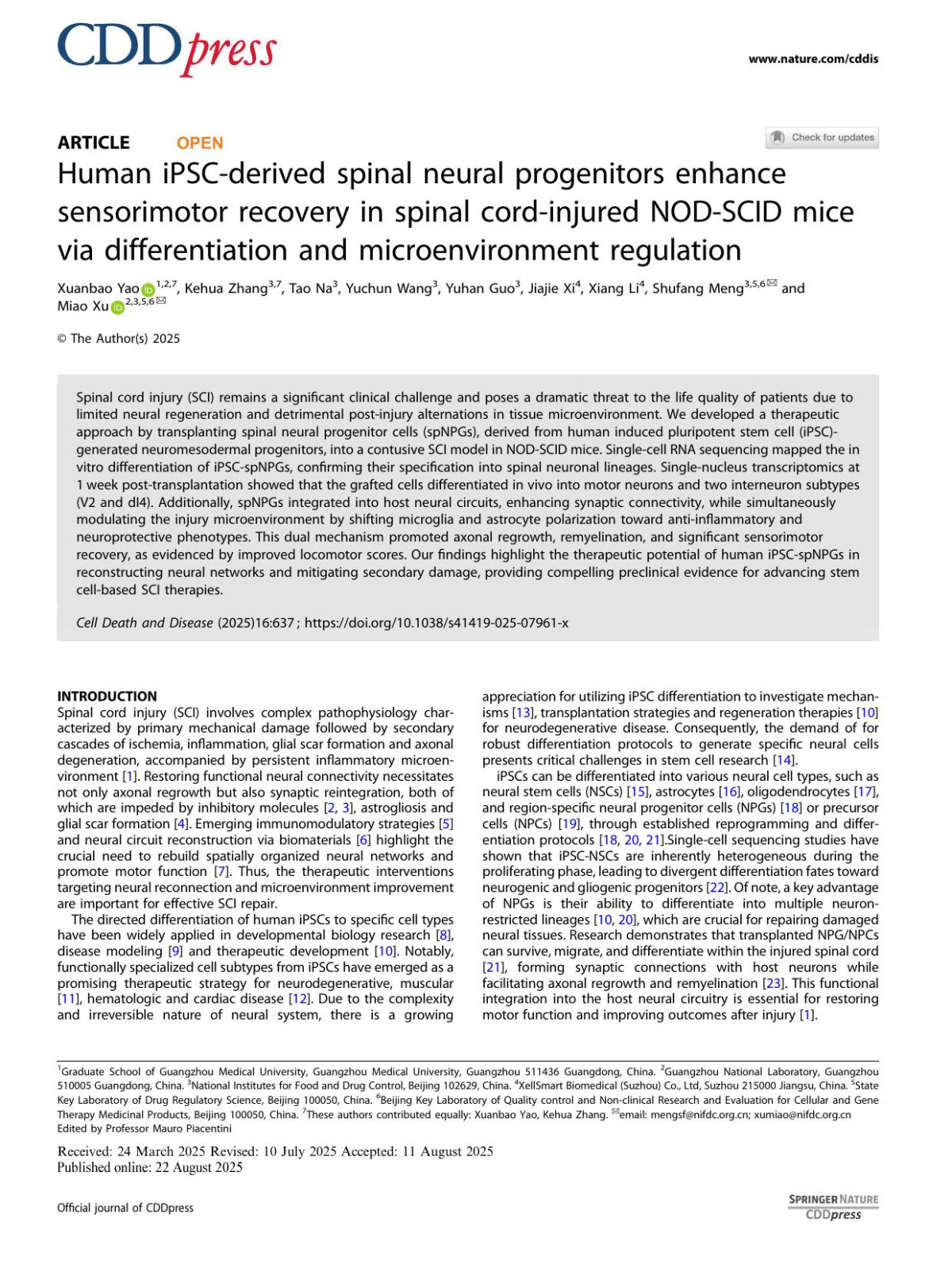 Human Ipscderived Spinal Neural Progenitors Enhance Sensorimotor Recovery In Spinal Cordinjured Nodscid Mice Via Differentiation And Microenvironment Regulation Xuanbao Yao Kehua Zhang Tao Na Yuchun Wang Yuhan Guo Jiajie Xi Xiang Li Shufang Meng Miao Xu
