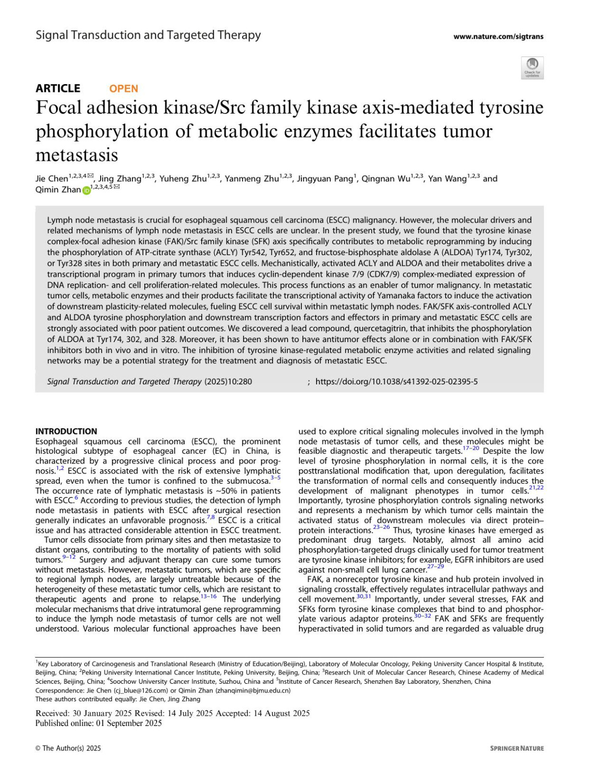 Focal Adhesion Kinasesrc Family Kinase Axismediated Tyrosine Phosphorylation Of Metabolic Enzymes Facilitates Tumor Metastasis Jie Chen Jing Zhang Yuheng Zhu Yanmeng Zhu Jingyuan Pang Qingnan Wu Yan Wang Qimin Zhan