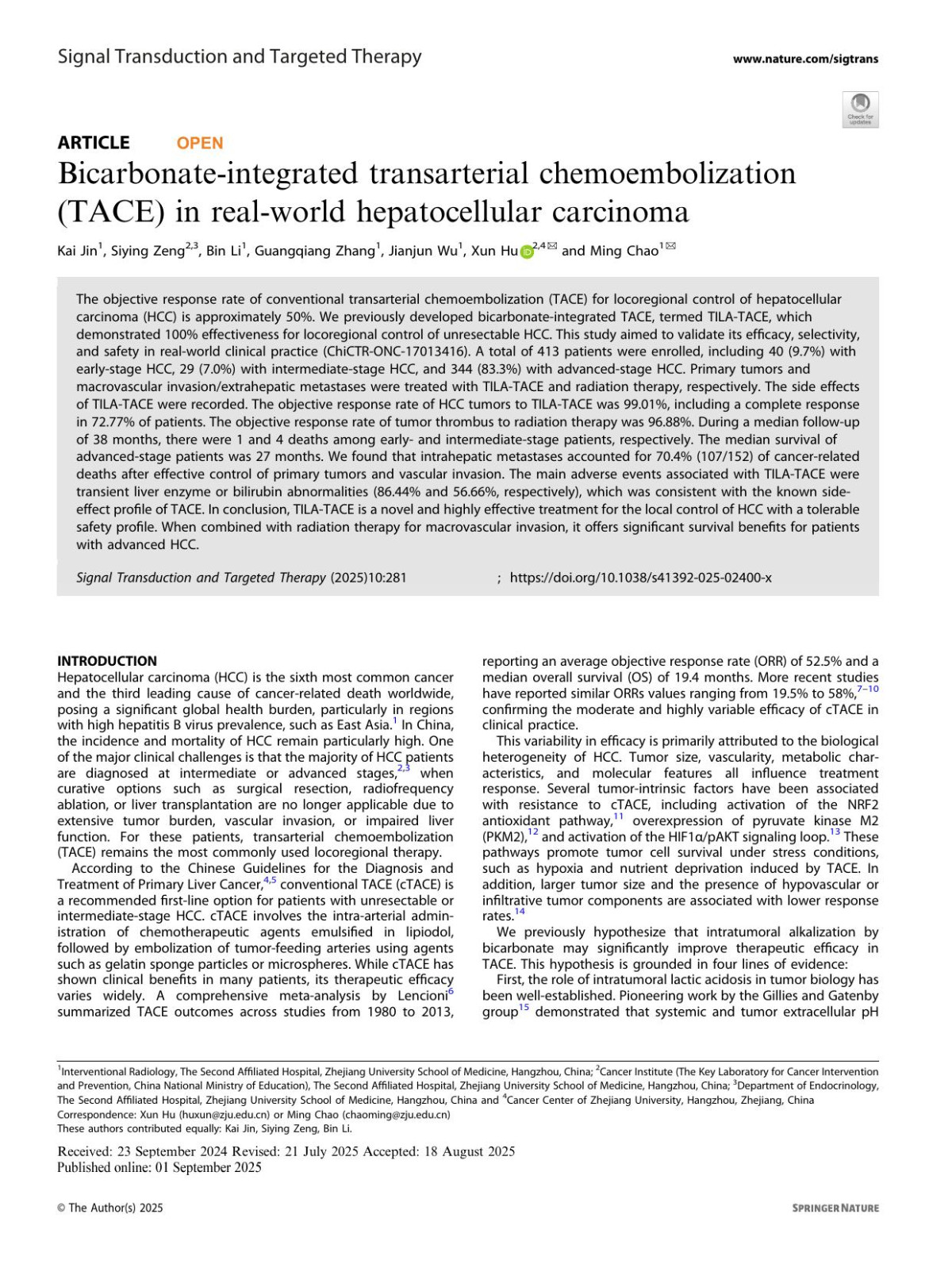 Bicarbonateintegrated Transarterial Chemoembolization Tace In Realworld Hepatocellular Carcinoma Kai Jin Siying Zeng Bin Li Guangqiang Zhang Jianjun Wu Xun Hu Ming Chao