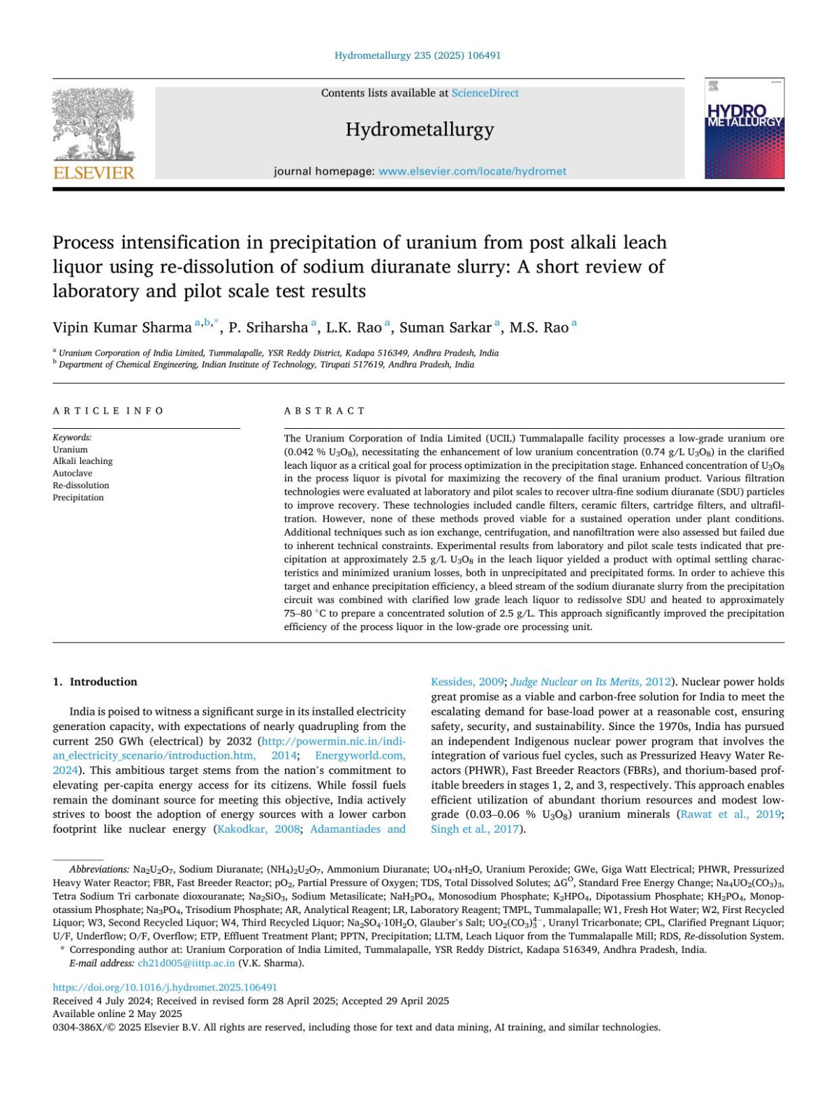 Process Intensification In Precipitation Of Uranium From Post Alkali Leach Liquor Using Redissolution Of Sodium Diuranate Slurry A Short Review Of Laboratory And Pilot Scale Test Results Vipin Kumar Sharma
