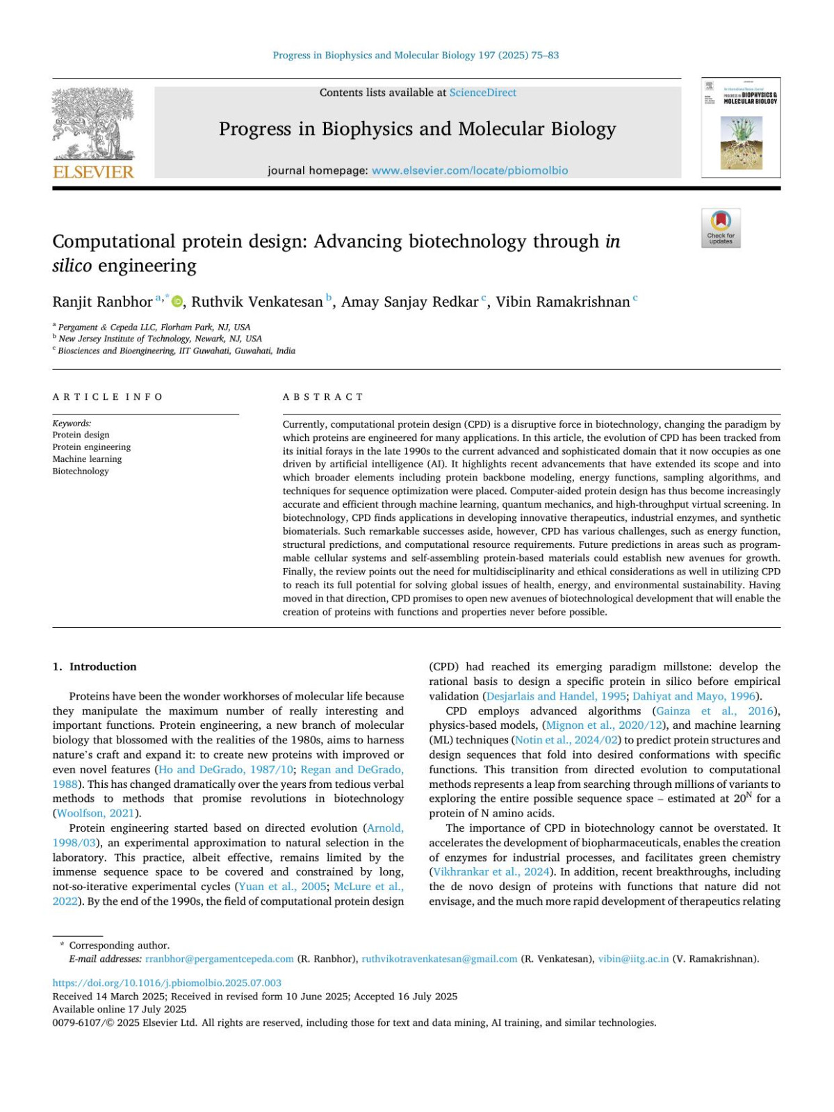 Computational Protein Design Advancing Biotechnology Through In Silico Engineering Ranjit Ranbhor Ruthvik Venkatesan Amay Sanjay Redkar Vibin Ramakrishnan
