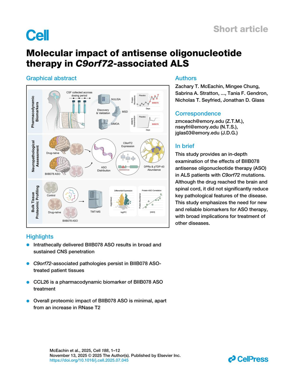Molecular Impact Of Antisense Oligonucleotide Therapy In C9orf72associated Als Zachary T Mceachin Mingee Chung Sabrina A Stratton Changhee Han Woo Jae Kim Udit Sheth Eleanor V Thomas Ethan Issenberg Tanvi Kamra Paola Merino Yona Levites Nisha Raj Eric B Dammer Duc M Duong Lingyan Ping