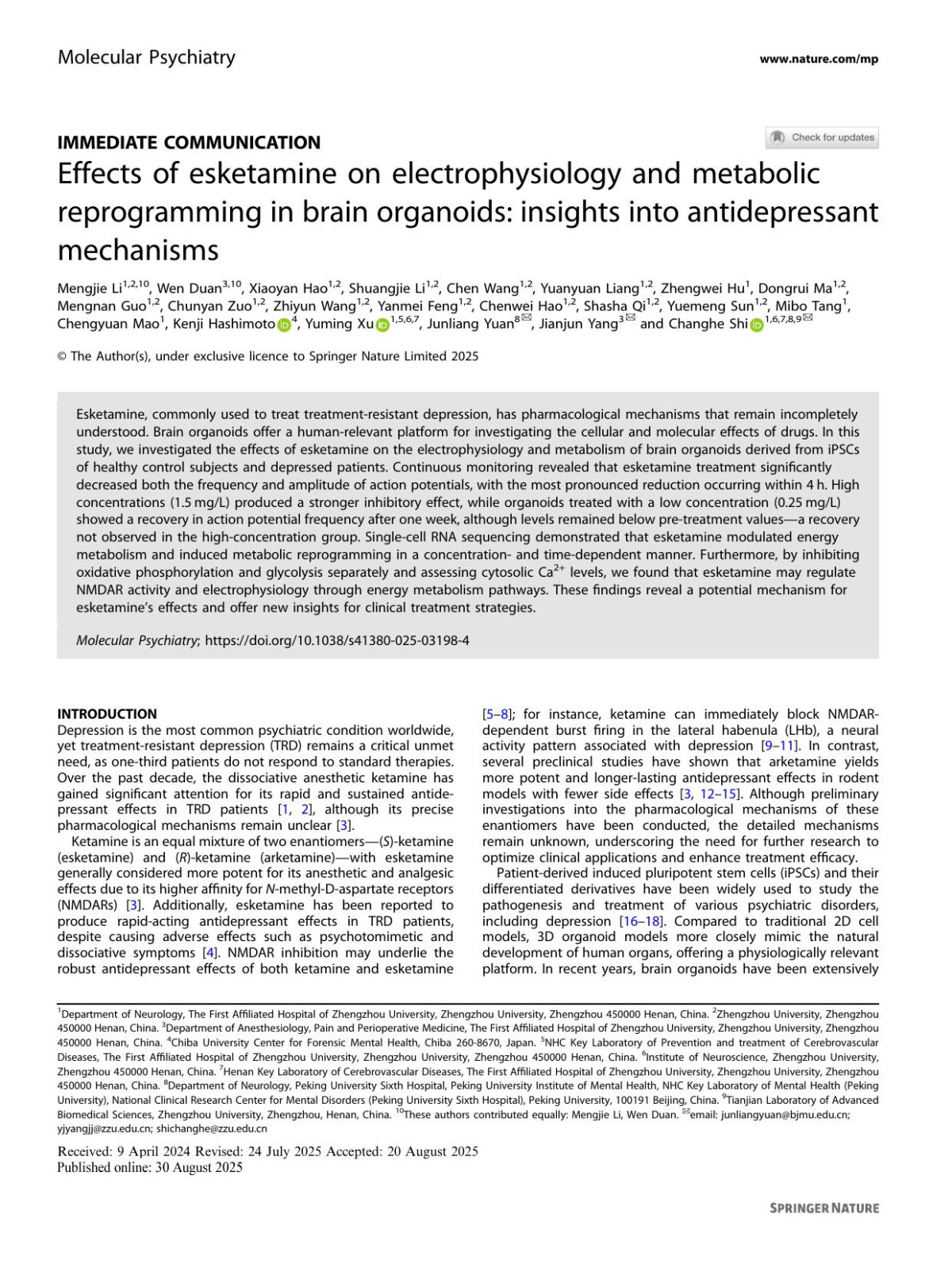Effects Of Esketamine On Electrophysiology And Metabolic Reprogramming In Brain Organoids Insights Into Antidepressant Mechanisms Mengjie Li Wen Duan Xiaoyan Hao Shuangjie Li Chen Wang Yuanyuan Liang Zhengwei Hu Dongrui Ma Mengnan Guo Chunyan Zuo Zhiyun Wang Yanmei Feng Chenwei Hao Shasha Qi Yuemeng Sun Mibo Tang Chengyuan Mao Kenji Hashimoto